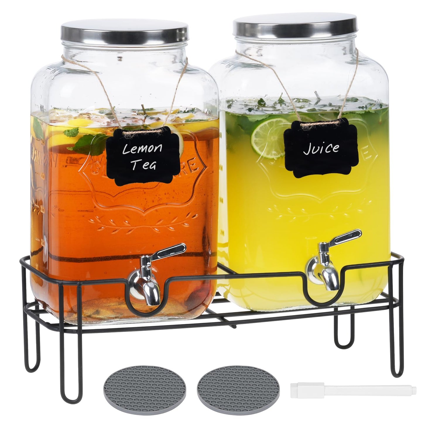 Moretoes 2 Gallon Glass Drinks Dispenser for Parties, 2 PACK Beverage Dispenser with Stand for Juice and Iced Tea, Water Jug Dispenser for Lemonade, Party Essential Beverage Pitcher with Spout