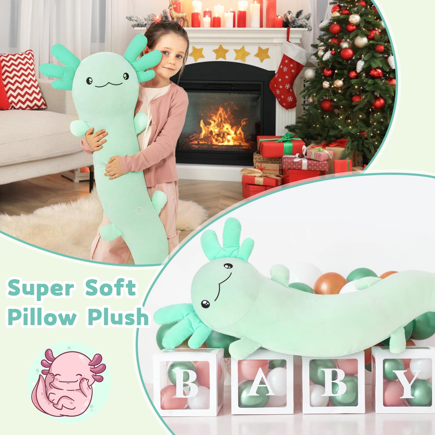 MaoGoLan Giant Axolotl Plush Stuffed Animal,Big Axolotl Plush Pillow Toy,Jumbo Stuffed Axolotl Body Pillow for Kids Adults,Axolotl Plush Glow in The Dark,Holiday Birthday Green