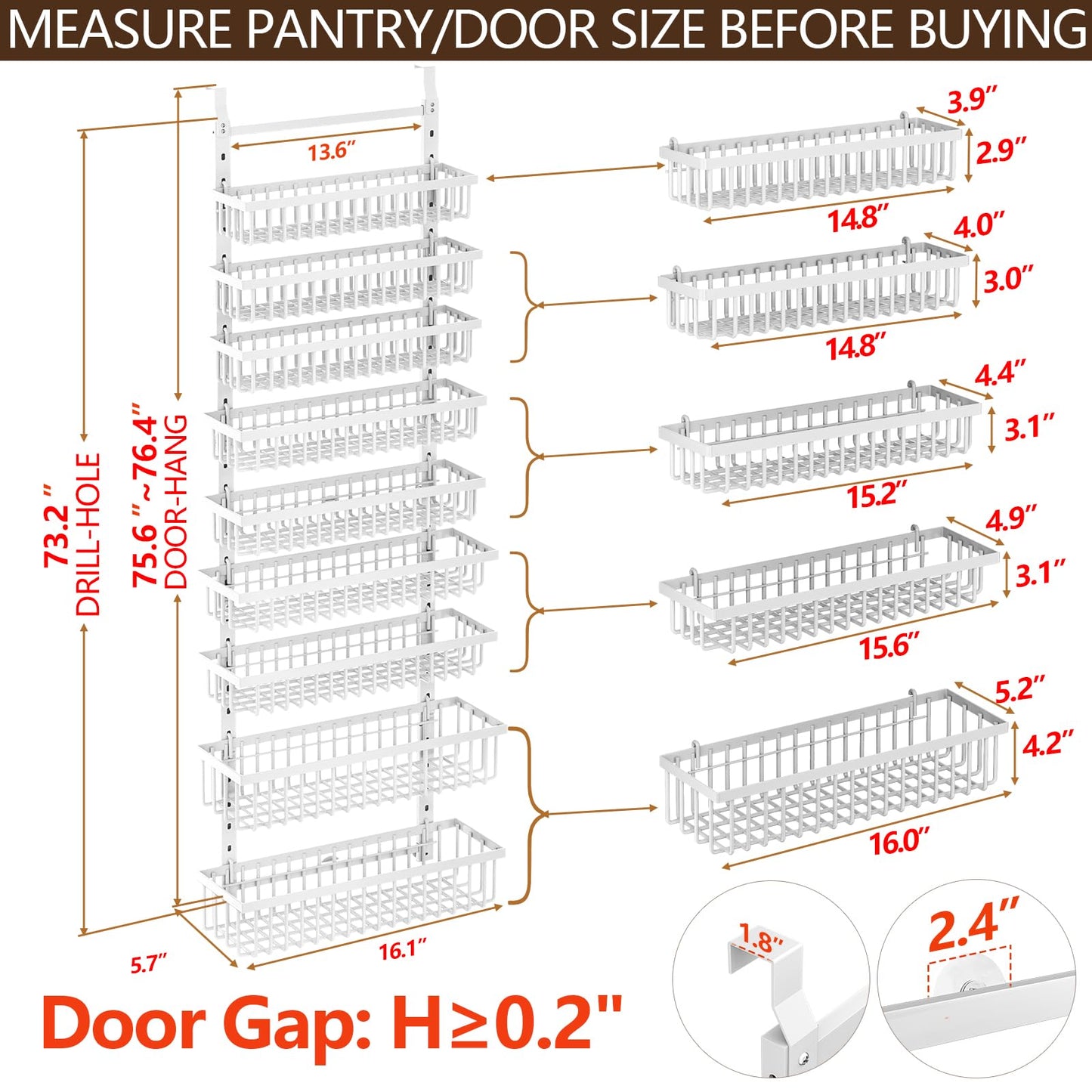 POKIPO 9 Tier Over The Door Pantry Organizer, 2 in 1 Wall Mount or Hanging Spice Rack with Adjustable Deep Basket, Heavy-Duty Seasoning Organizer and Storage for Kitchen Cabinet Closet Bathroom