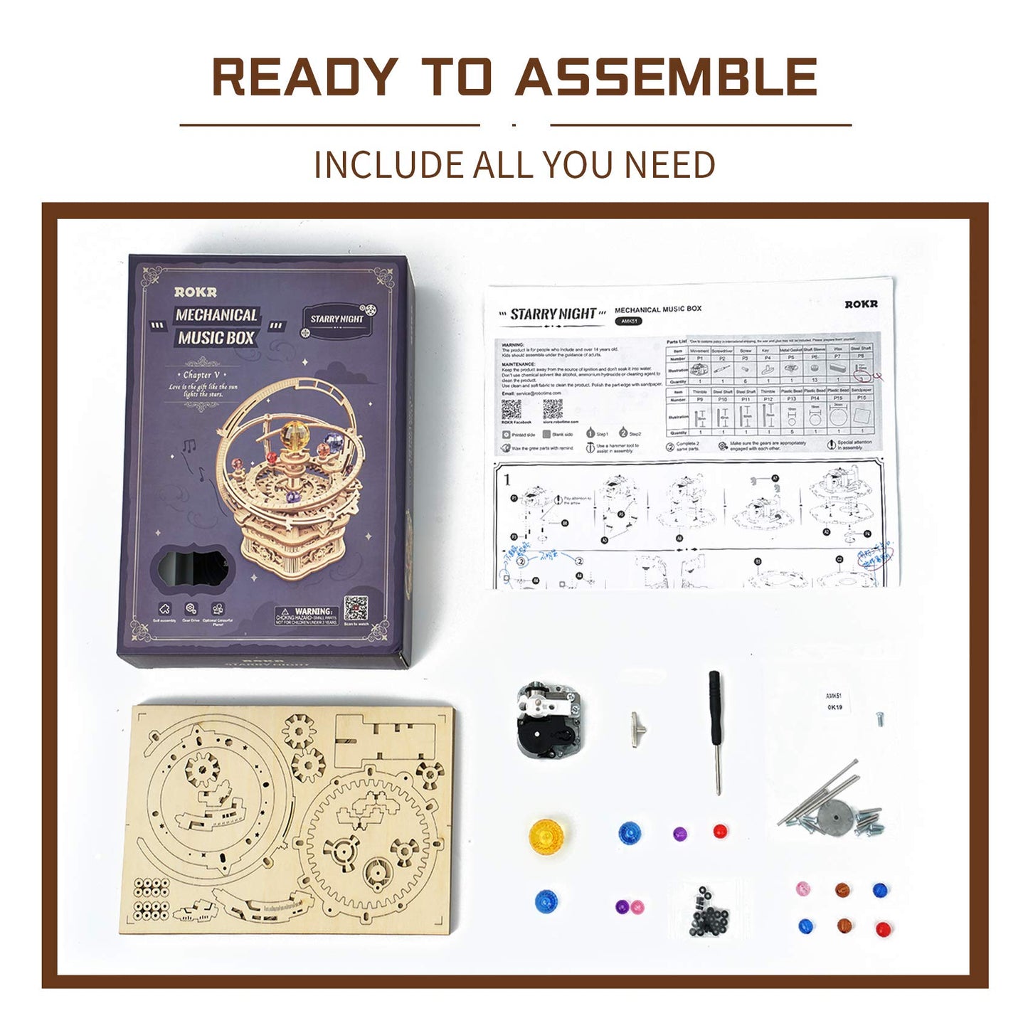 ROKR 3D Wooden Puzzles Rotatable DIY Model Music Box Mechanical Starry Night - Educational Brain Teaser Assembly Model Building Kits, Adults Crafts Hobbies Gifts for Adult (Starry Night)