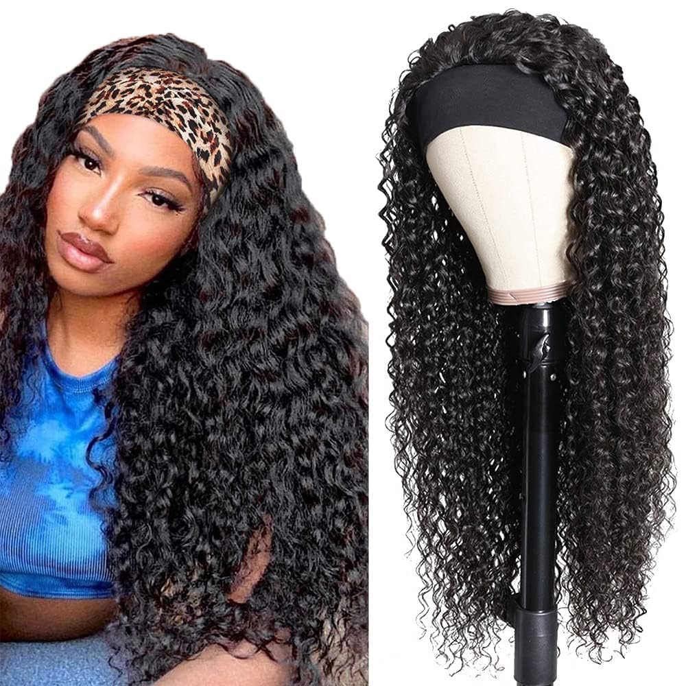 NICMISS Deep Wave Headband Wig Human Hair Curly Headband Wigs for Black Women Human Hair 20 Inch Glueless None Lace Front Wig Brazilian Virgin Hair Wear and Go Wigs 150% Density Natural Black Color