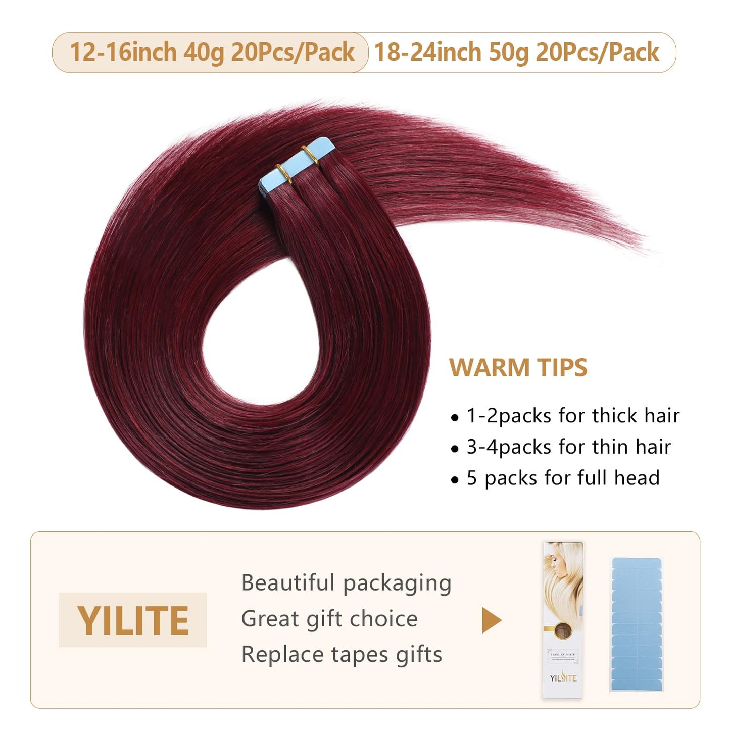 YILITE 99J Tape in Hair Extensions Human Hair 22inch 50g 20Pcs Red Tape in Hair Extensions Remy Human Hair,Seamless Skin Weft 99J Tape ins (22inch 99J)