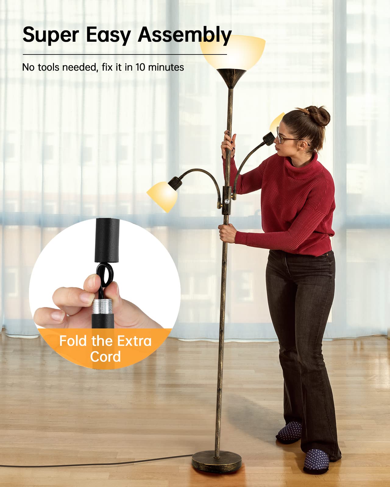 Floor Lamp, Standing Lamp, 71" Tall Lamps for Living Room, 3 Way Switch, Plastic Lampshade, Torchiere Tree Lamp with Reading Light, Modern Pole Lamps for Bedroom E26 Base(No Bulb, Rustic Bronze)