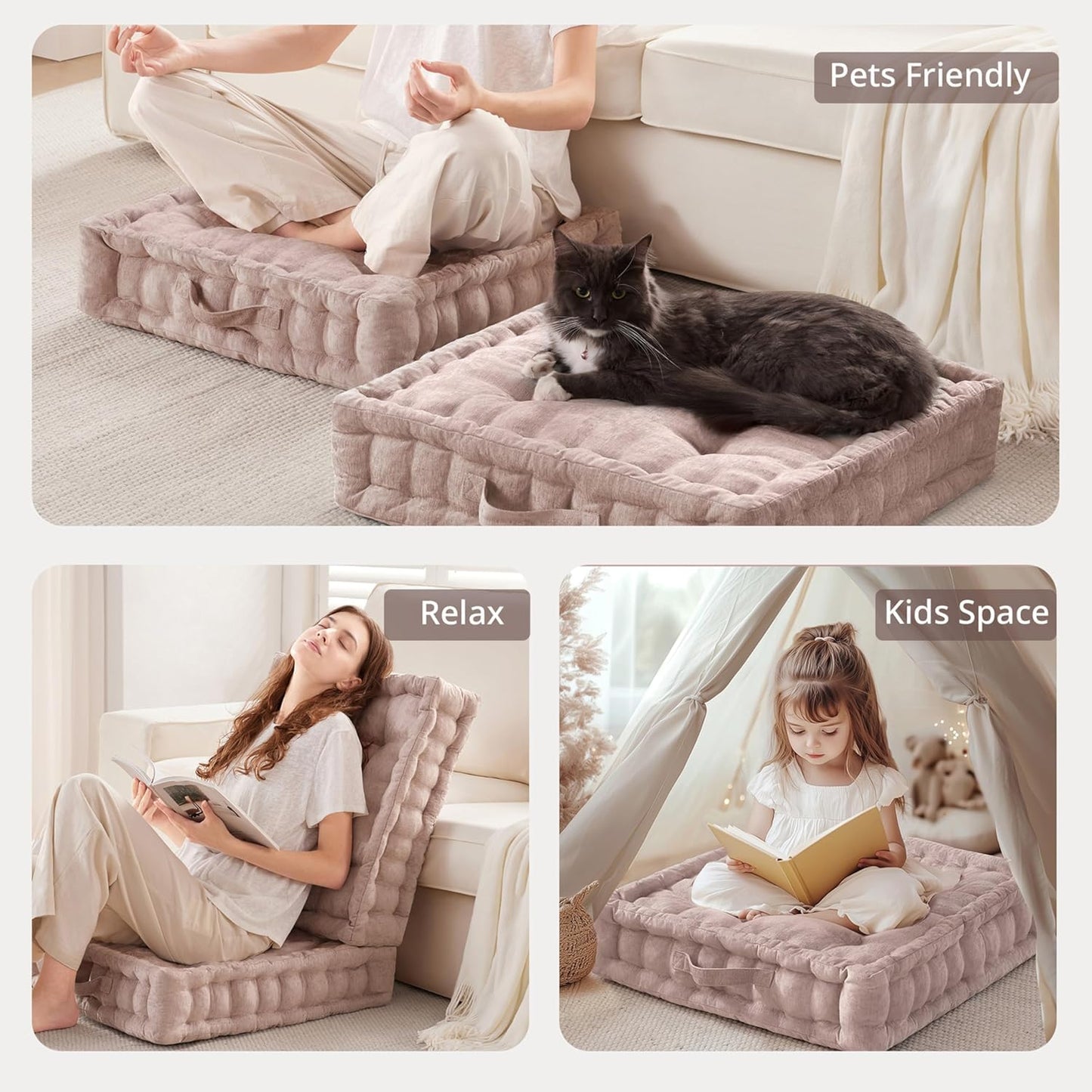Intelligent Design Large Floor Pillow for Adults Yoga or Meditation Cushion with Handle, Floor Cushion for Board Games, Lustrous Chenille Tufted, Handsewn Scalloped Edge, Azza, 24" x 24" x 5" Blush