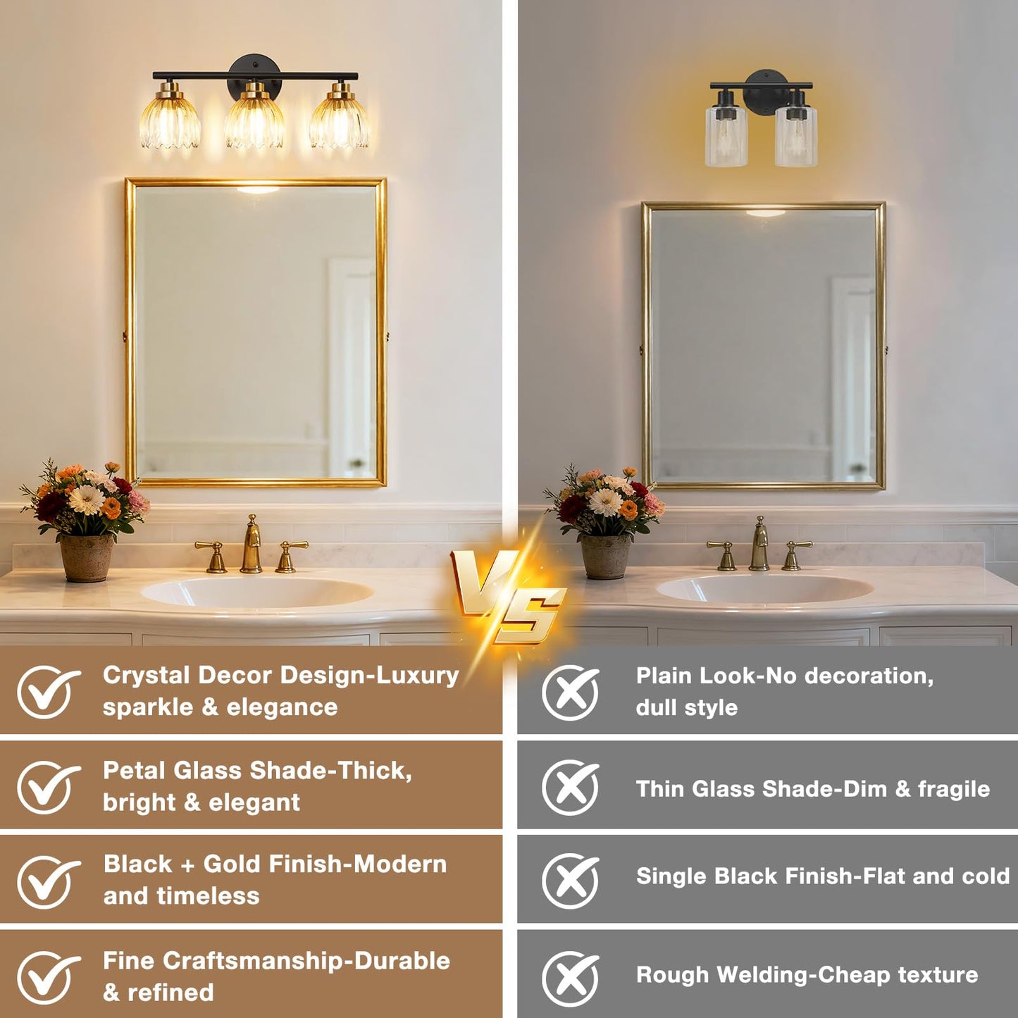 TALOYA Bathroom Vanity Light Fixtures, 3-Light Modern Black and Gold Wall Lights Over Mirror with Gradient Amber Tulip Glass Shades Bathroom Wall Lamp for Mirror, Living Room,Hallway, Farmhouse