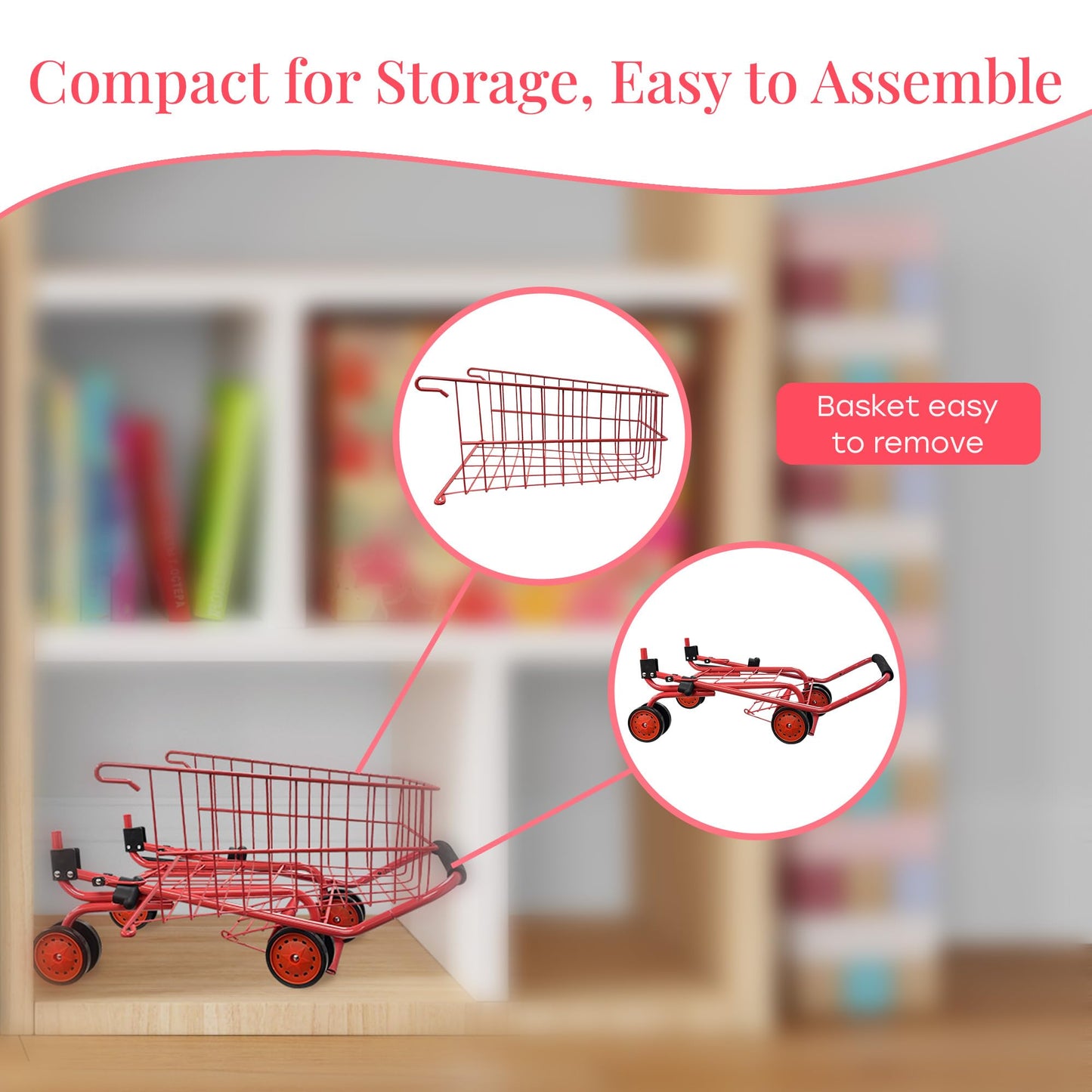The New York Doll Collection Toy Shopping Cart for Kids and Toddler - Includes Food - Folds for Easy Storage - with Sturdy Metal Frame (Red)