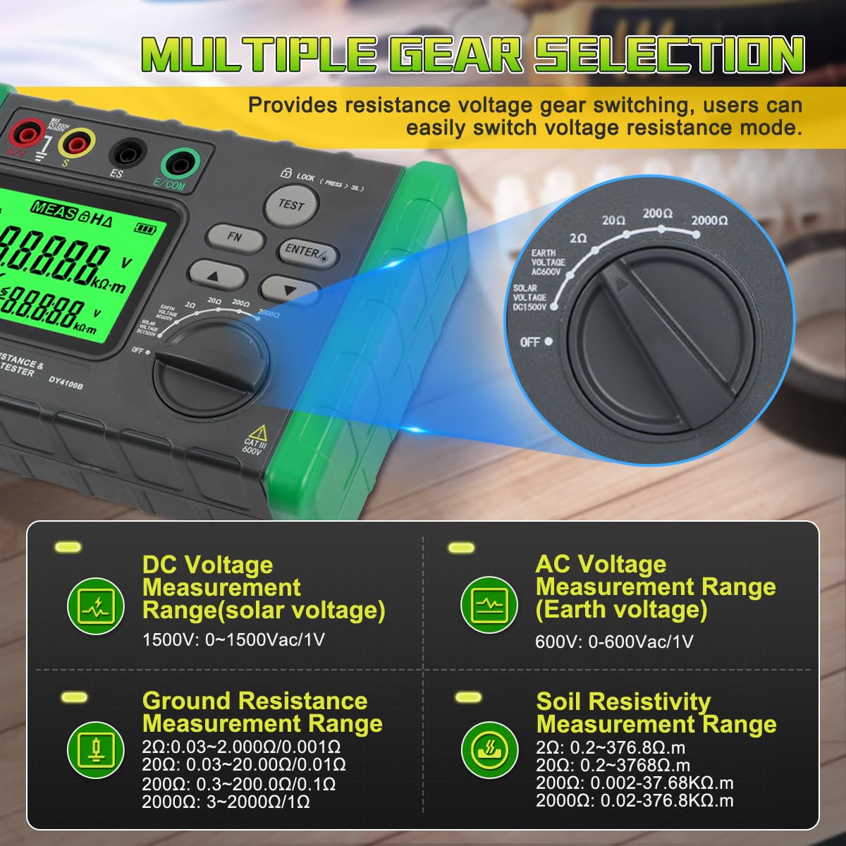DUOYI Earth Resistance Tester 0.03-2000 ohm Meter,Upgraded Digital Earth Ground Resistance Tester 2/3 Wire Measurement AC/DC Voltage Meter with Batteries,Tool Bag