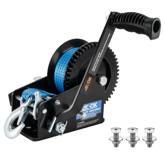 AC-DK 3500lbs Heavy Duty Boat Trailer Winch with 32FT Strap，2-Way Ratchet 4:1/8:1 Gear Trailer Winch，Portable Hand Crank Winch for Boat, Truck, Trailer, RV, ATV, Jet Ski
