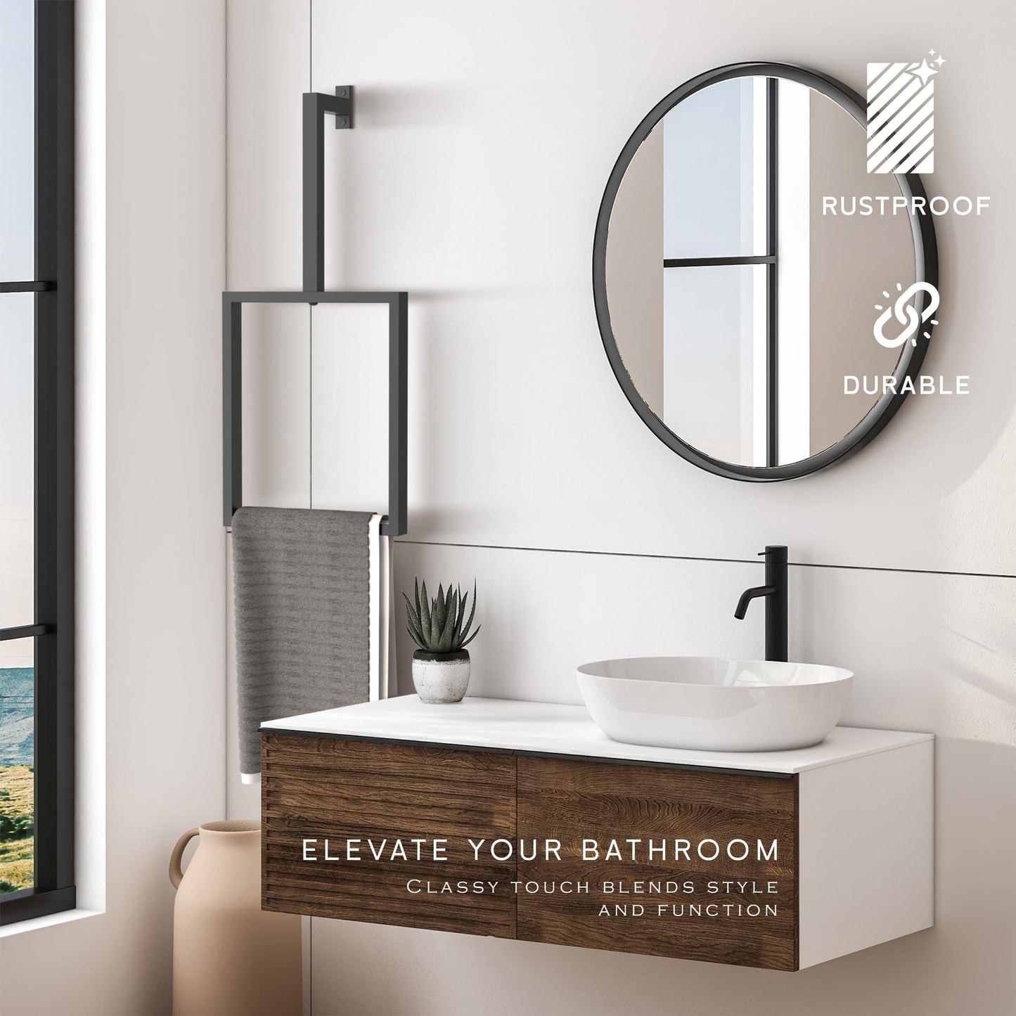 Wita Home Unique Vertical Towel Rack Wall Mounted for Bathroom, Metal Square Towel Holder, Modern Hand Towel Ring, Elegant Kitchen Decor, Space-Saving Towel Hanger (Large (32"x14"x3") - 1 pcs)