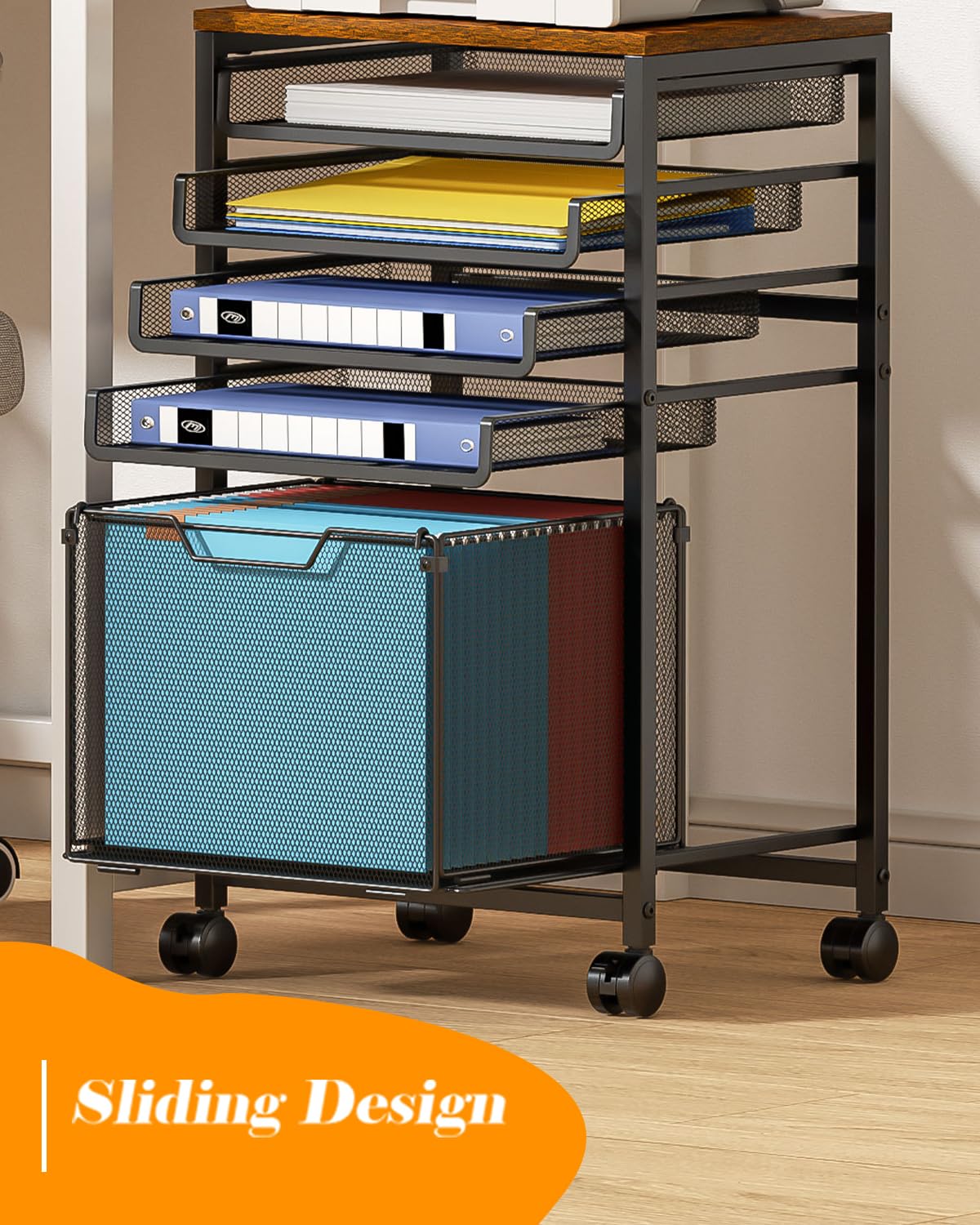 Rolling File Cart with Wheels, 5-Tier Under Desk Filing Cabinet for Letter-Size File Storage, Sliding Metal Mesh Trays & Printer Stand, Office Storage and Organization for Teachers, Home Office