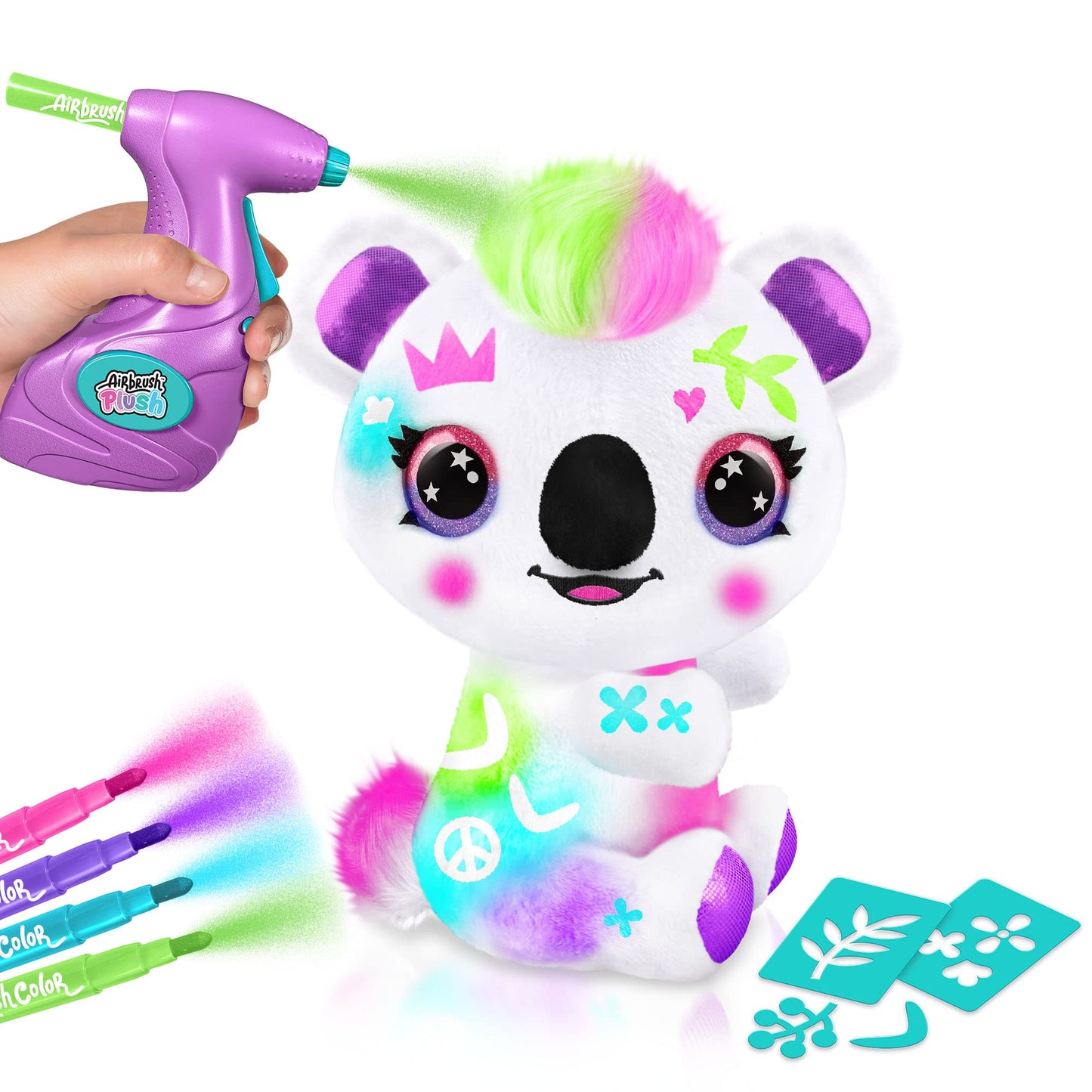 Canal Toys Personalize Airbrush Plush Large Koala! Decorate, wash, repeat! Customize your own spray art plush with markers, battery powered airbrush and 100+ stencils. Ages 6+