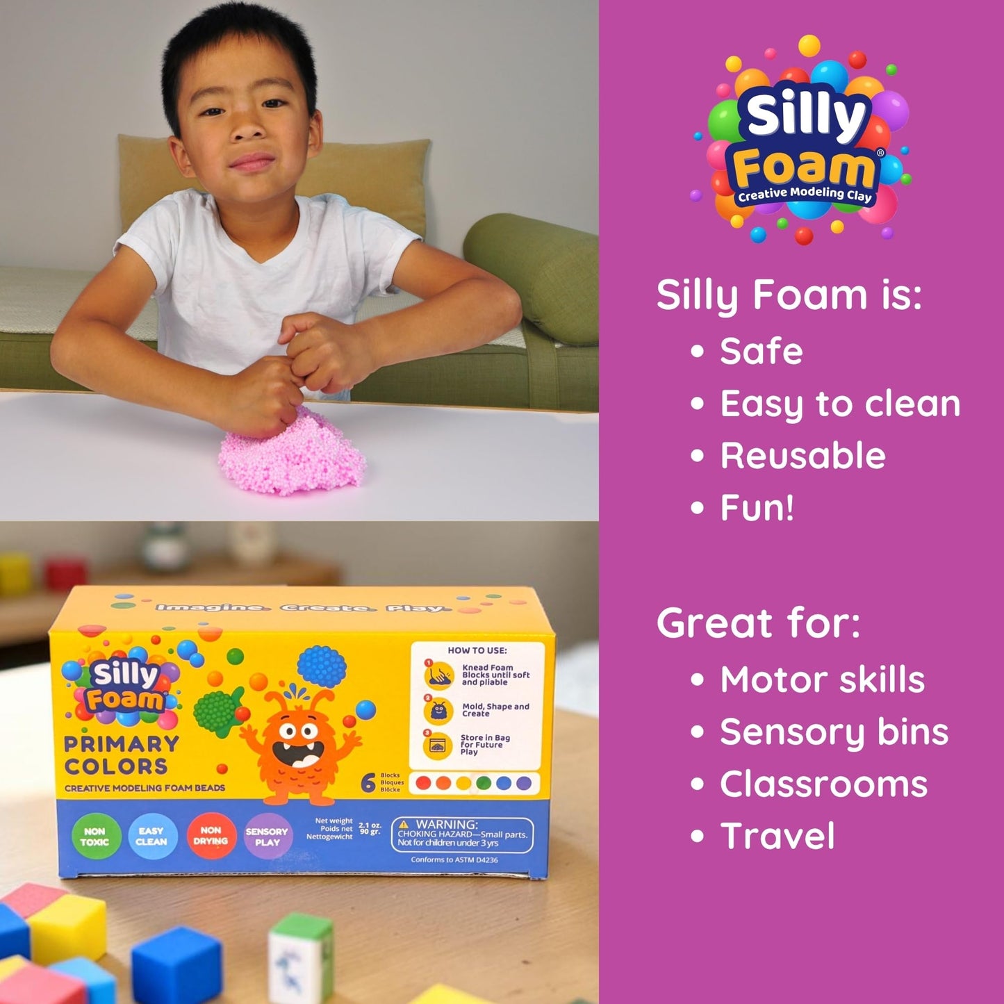 Silly Foam, Creative Modeling Foam Beads, 2-Pack Primary Colors, Perfect for Preschool and Kids, Arts & Crafts, STEM, Sensory Play, Non-Toxic (Age 3+)