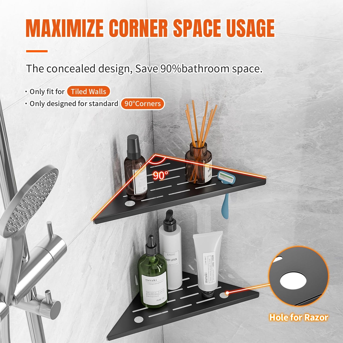 HBXS Corner Shower Shelves with Razor Hole, Modern Sturdy Shower Shelves Corner, 10" 304 Stainless Steel Shower Organizers Corner Shelf for Tile Wall, No Drilling Grout Mount Bathroom Shelf