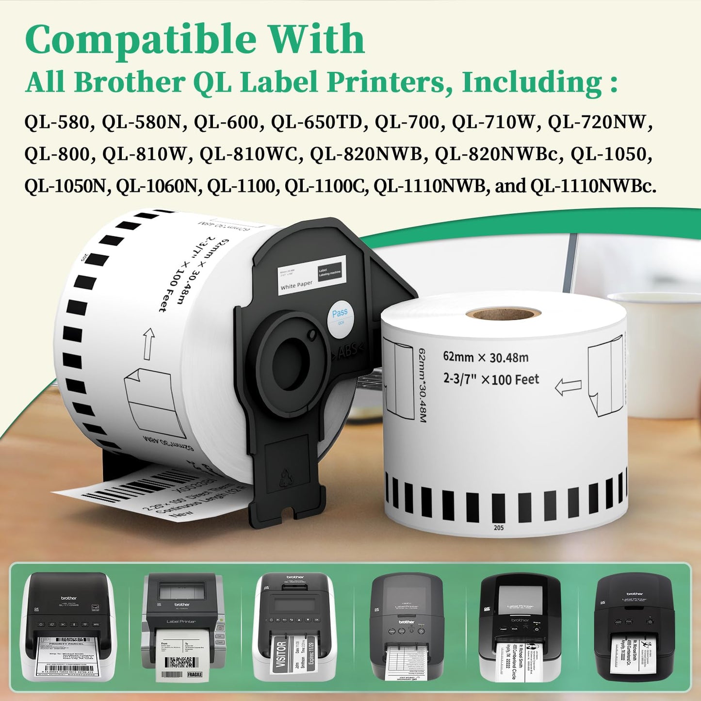12 Rolls Replace Brother Continuous Label DK-2205 (2.4" X 100') Compatible with QL-800 QL-820 QL-810 QL-1110 and Other All Brother QL Label Printer, Suitable for Address Labels Barcode Labels