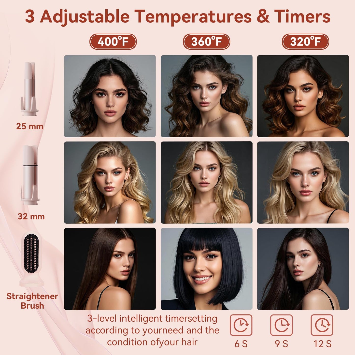 3 in 1 Multifunctional Hot Tool, Automatic Curling Irons with 2 Ceramic Barrel(1", 1.25") & Hair Straightener Brush, Hair Curler & Straightening Comb with 3 Temp & Timer & 300000+ Negative Ions