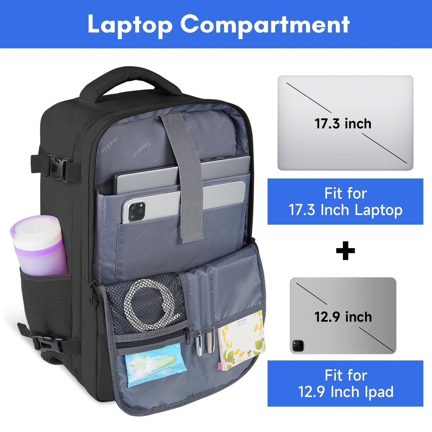Taygeer Travel Backpack for Men Women, Carry On Backpack with USB Charging Port & Shoe Pouch, TSA 17.3inch Laptop Backpack Flight Approved, Nurse Bag Casual Daypack for Weekender Business Hiking,Black