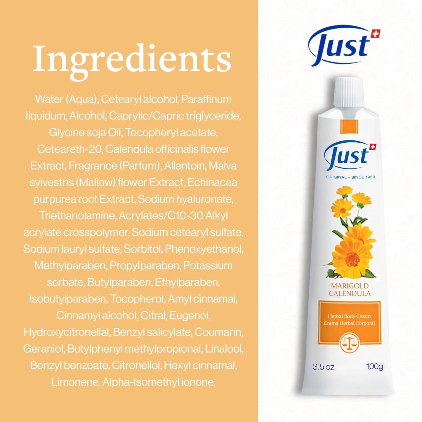 Swiss Just Cream 100ml, Nourishing Cream with Marigold Extract. Body Cream Promotes Cell Renovation & Improves the Appearance of Scarring & Stretch Marks