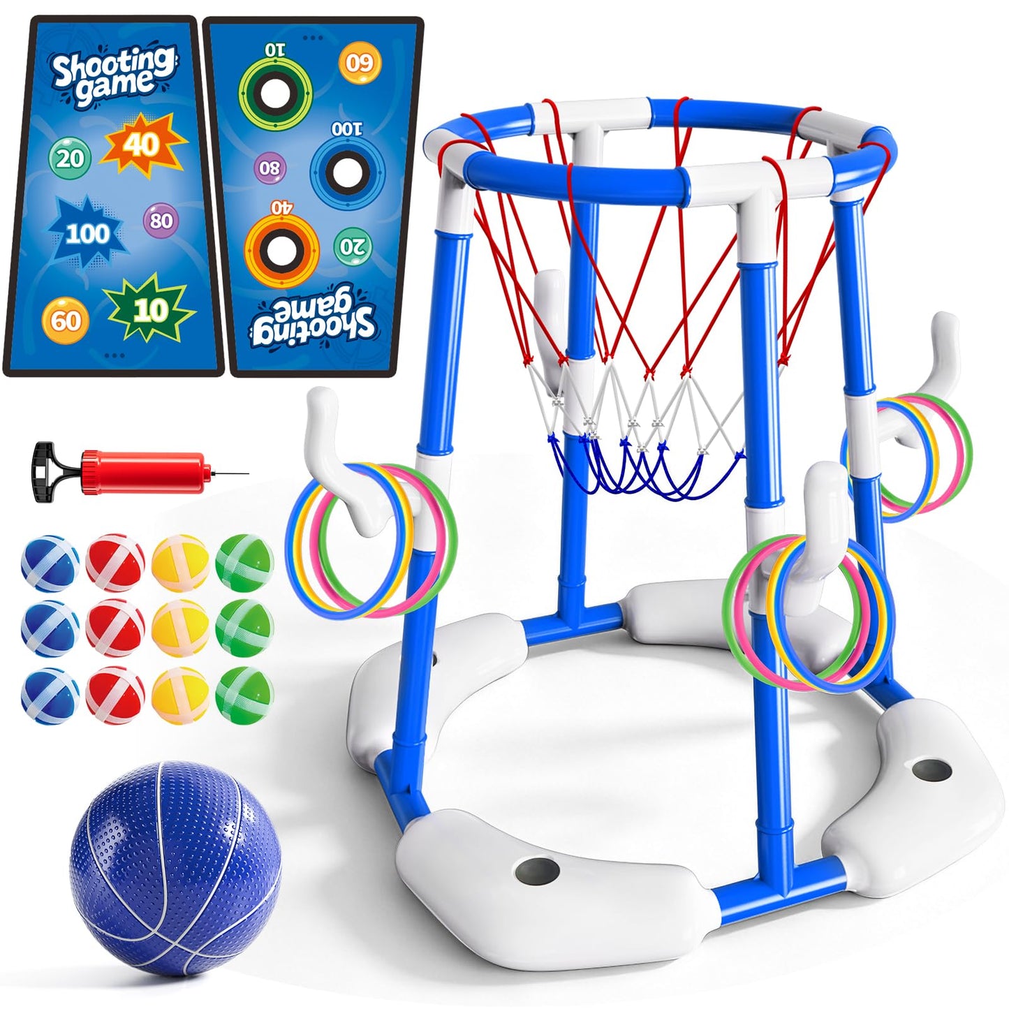 Sitodier Pool Basketball Hoop, 4-in-1 Floating Basketball Hoop with Rings Game Shooting Game and Sticky Balls for Family Party, Outdoor Swimming Pool Games Summer Water Sports Toy for Kids Age 3-12