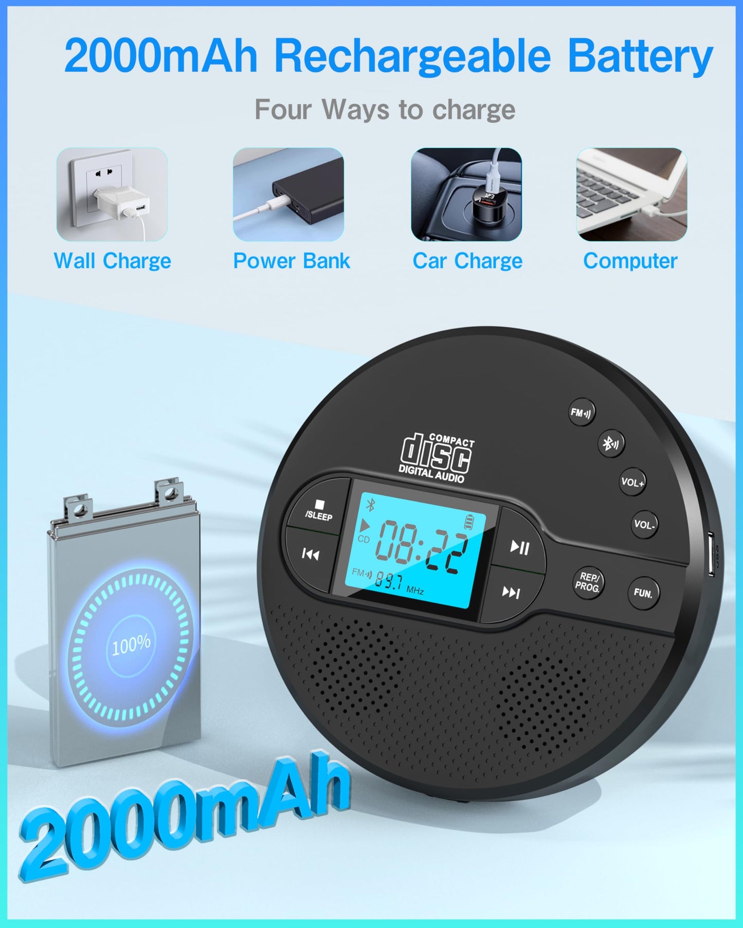Sunoony Portable CD Player with Bluetooth, Walkman CD Player with FM Transmitter and Speakers for Car, Rechargeable Discman CD Player with Anti-Skip Protection, Headphones, LCD Display (Black)