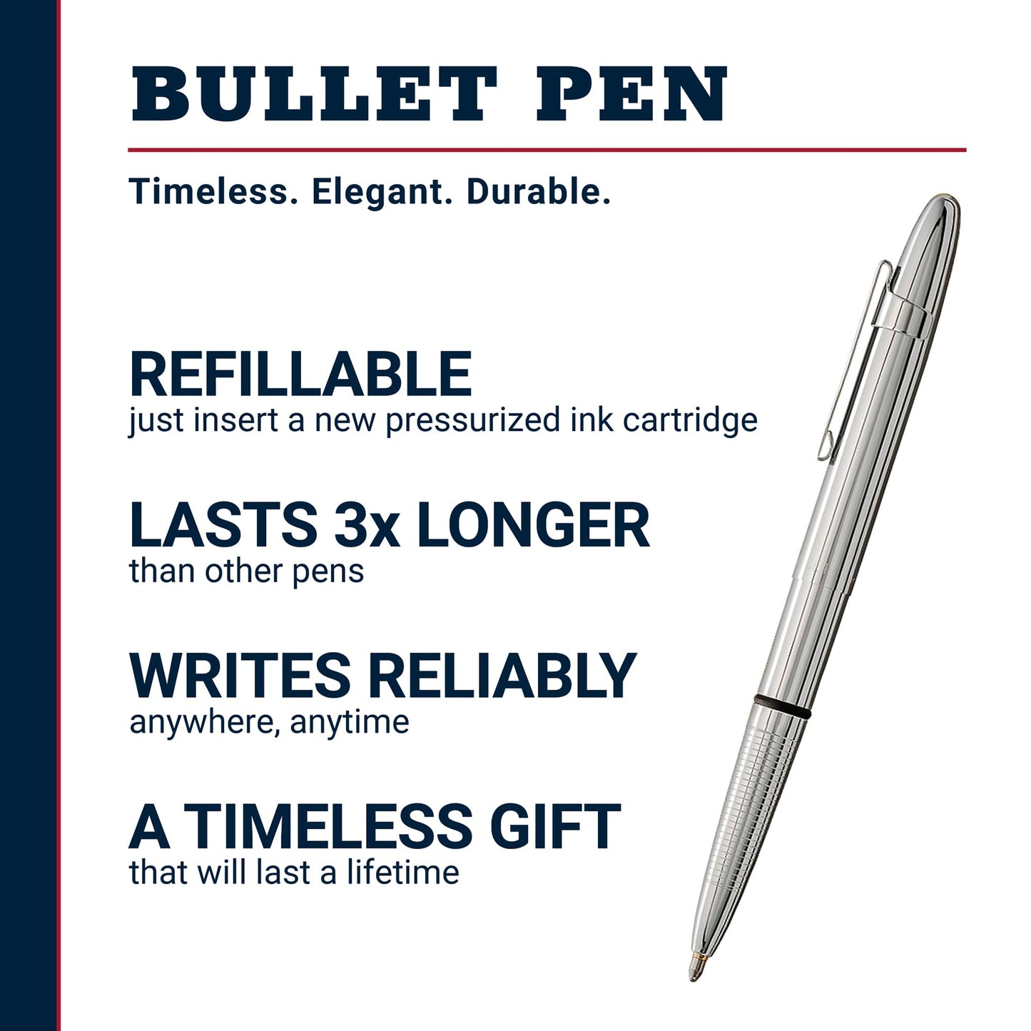 Fisher Space Pen Chrome Bullet Pen, Pressurized Ballpoint Pen, Compact Pocket Size, Writes Upside Down and in Extreme Temperatures, Smooth Black Ink, Medium Point, Pocket Clip, Made in the USA