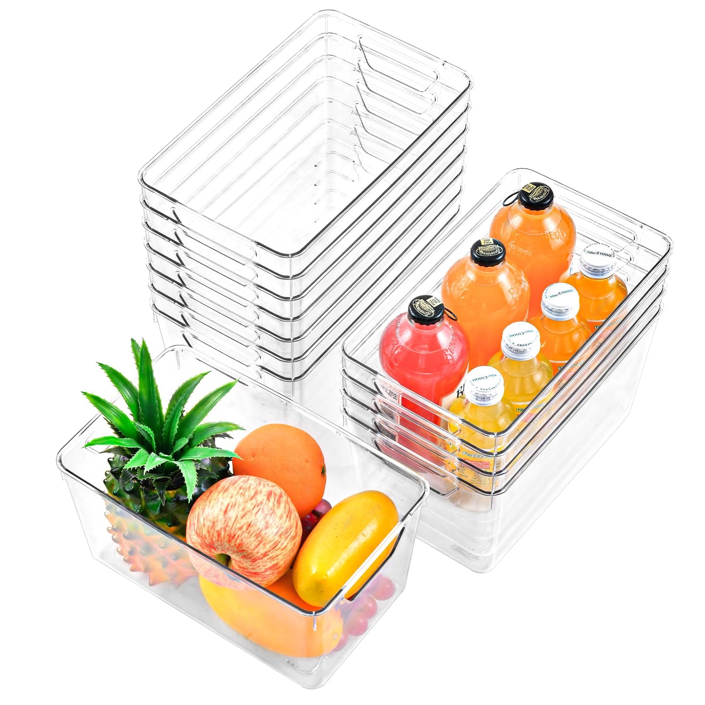 Freebat 12 Pack Middle Organizers and Storage, Pantry Organization and Storage Bins, Cabinet Organizer, Clear Plastic Storage Containers with Handle，Acrylic Storage Bins for Cabinet, Fridge