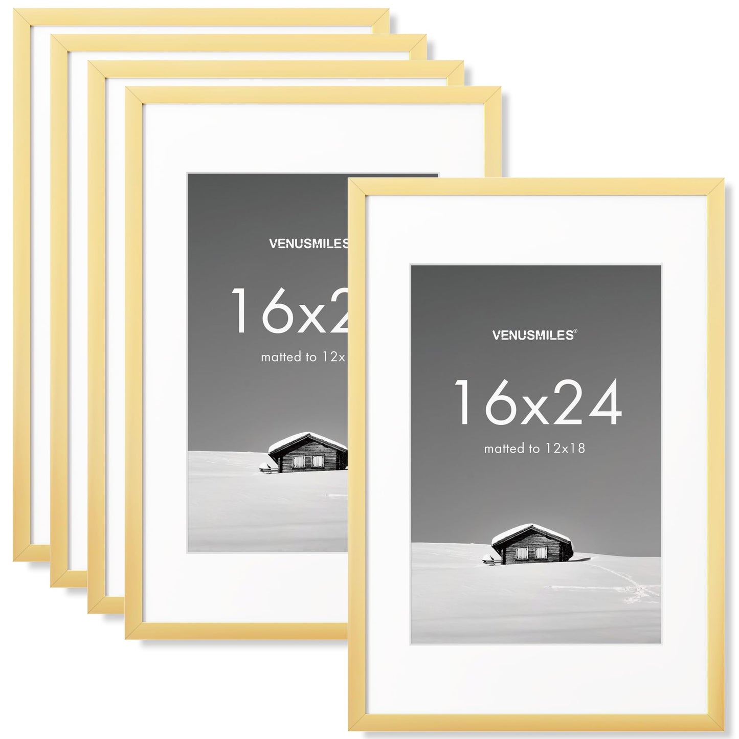Venusmiles 16x24 inch Picture Frame, 16x24 Photo Frames with 12x18 Removable Mat - High Definition Plexiglass - Vertical and Horizontal Display - Wall Hanging Poster Frame - Gold, 5 Pack
