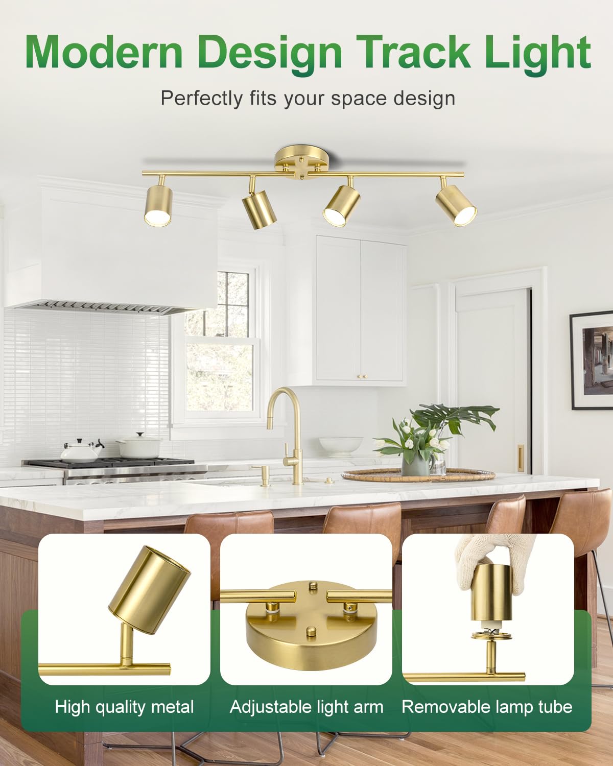 Fondiiz 4 Ways Track Lighting, Rotatable Heads Tracks Light, Track Lightings Fixtures Ceiling with Foldable Arms, Brushed Gold Tracks Light for Kitchen, Living Room, Hallway(Bulbs Not Included)