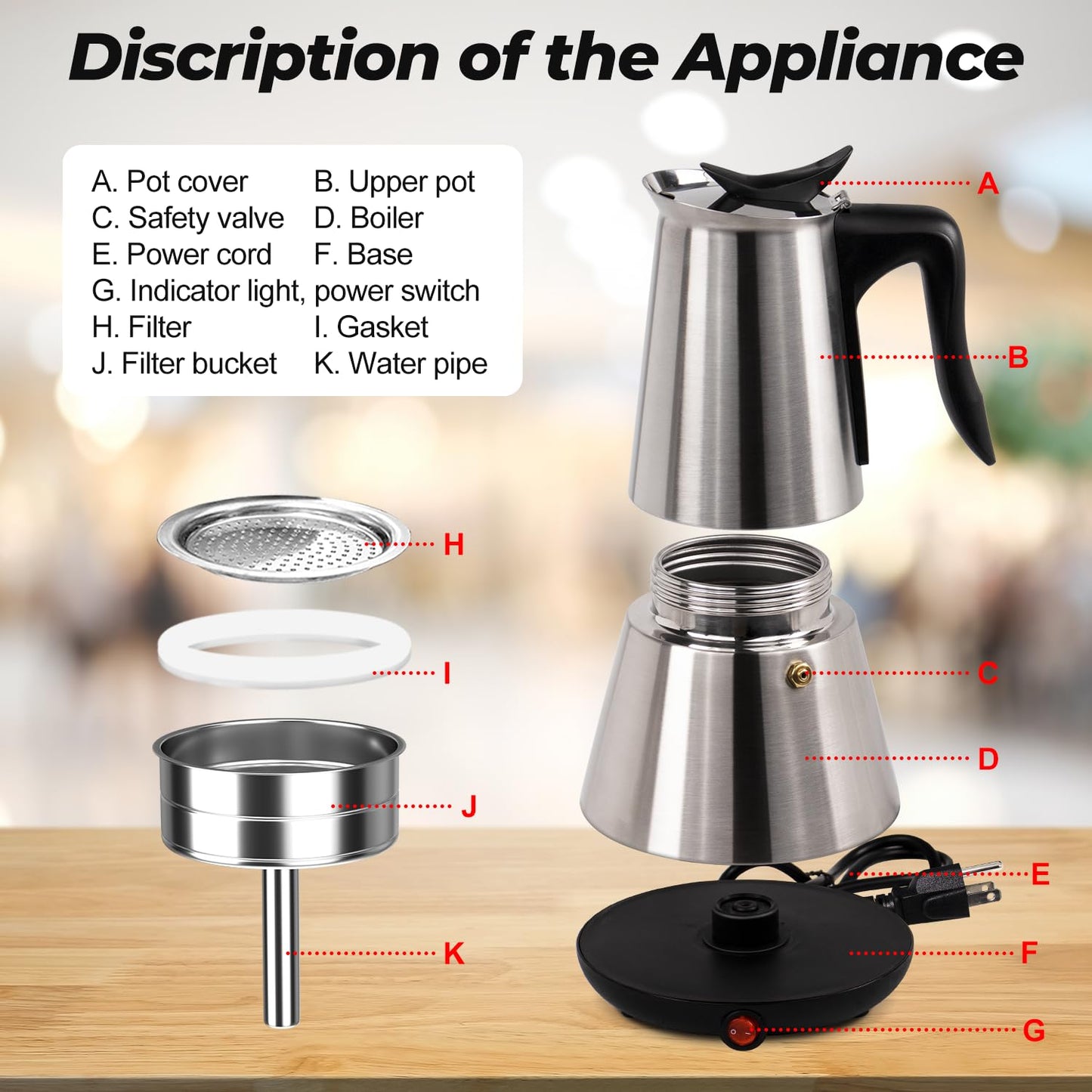 Vaolvpant Electric Stainless Steel Moka Pot 6 Cup 300ml Mocha Pot Espresso Maker with Detachable Base Ideal Coffee Maker for Home Italian and Cuban Café Coffeemaker Espressomaker Coffee Pot