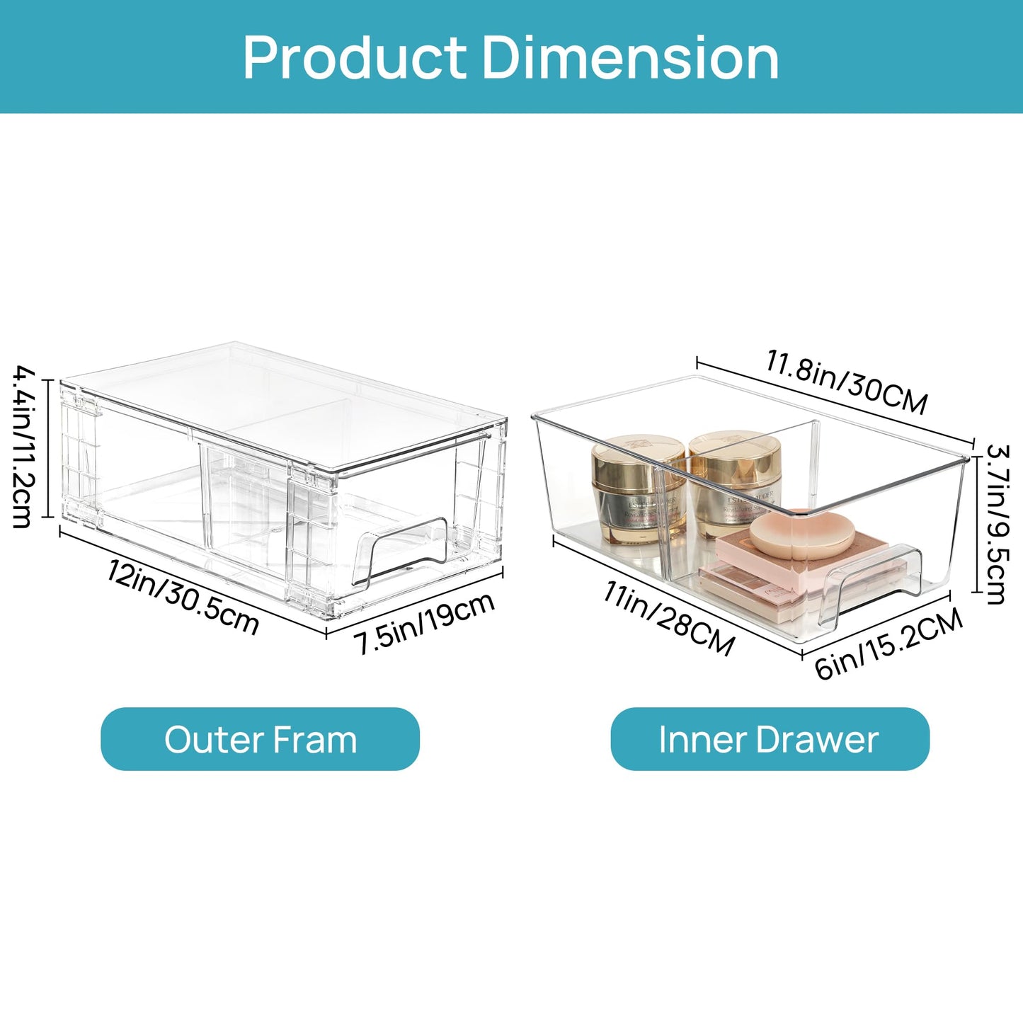 Vtopmart 6 Pack Stackable Storage Drawers,Clear Acrylic Drawer Organizers with Handles, Easily Assemble Containers for Fridge, Bathroom,Kitchen Undersink,Cabinet,Pantry Organization and Storage