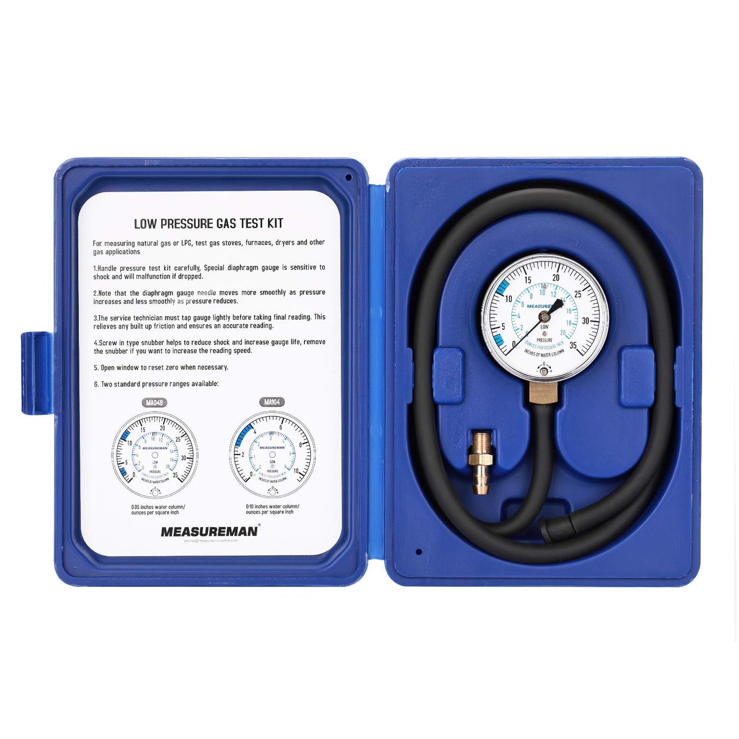Measureman Natural Gas or LP Gas Manifold Pressure Test Kit, 0-35 "W.C., 1/4"NPT, 40" Length Hose