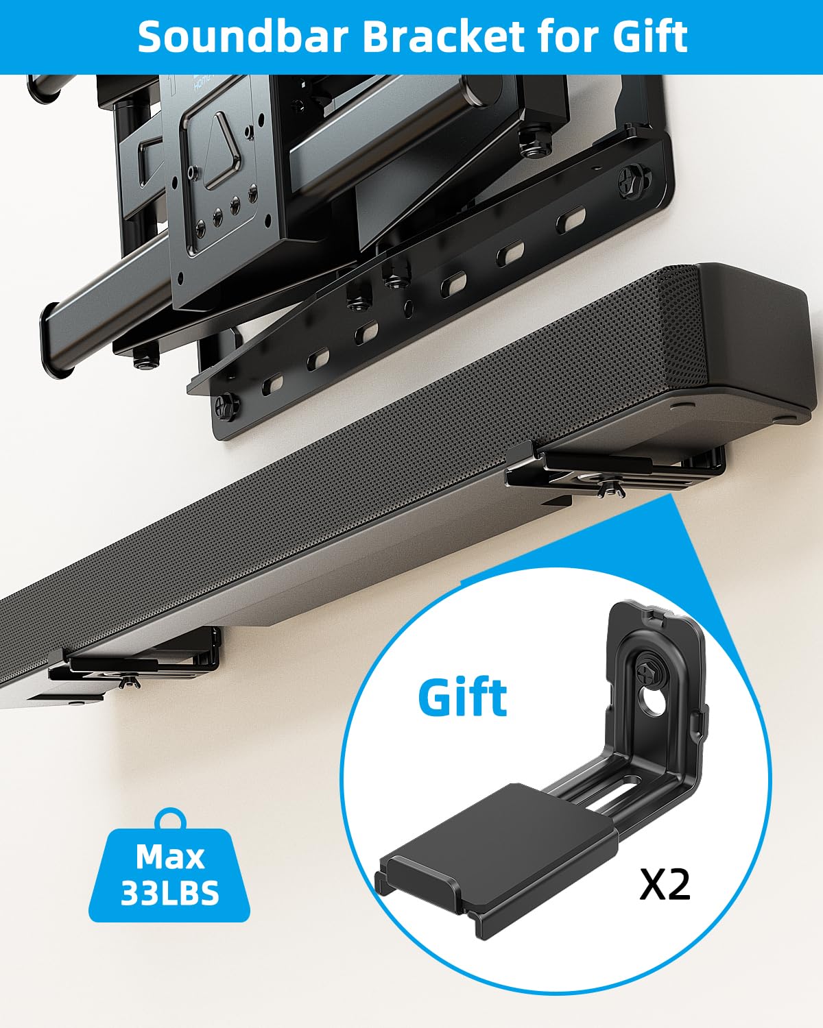 HOME VISION Full Motion TV Wall Mount with Soundbar Bracket for 32-70 Inch TVs, Articulating Dual Arms, Swivel and Tilt, Fits 8" 12" 16" Stud, Max VESA 400x400mm, up to 132lbs