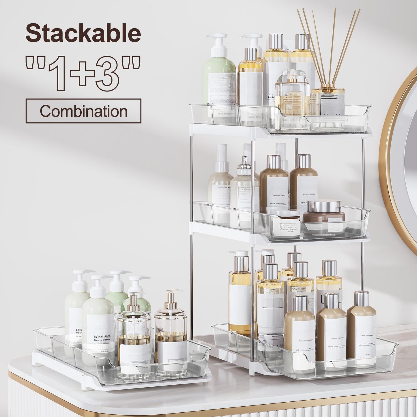 Delamu 2-Tier Multi-Purpose Bathroom Under Sink Organizers and Storage, Stackable Kitchen Pantry Organization, Pull Out Medicine Cabinet Organizer with Movable Dividers, White, 4Pack