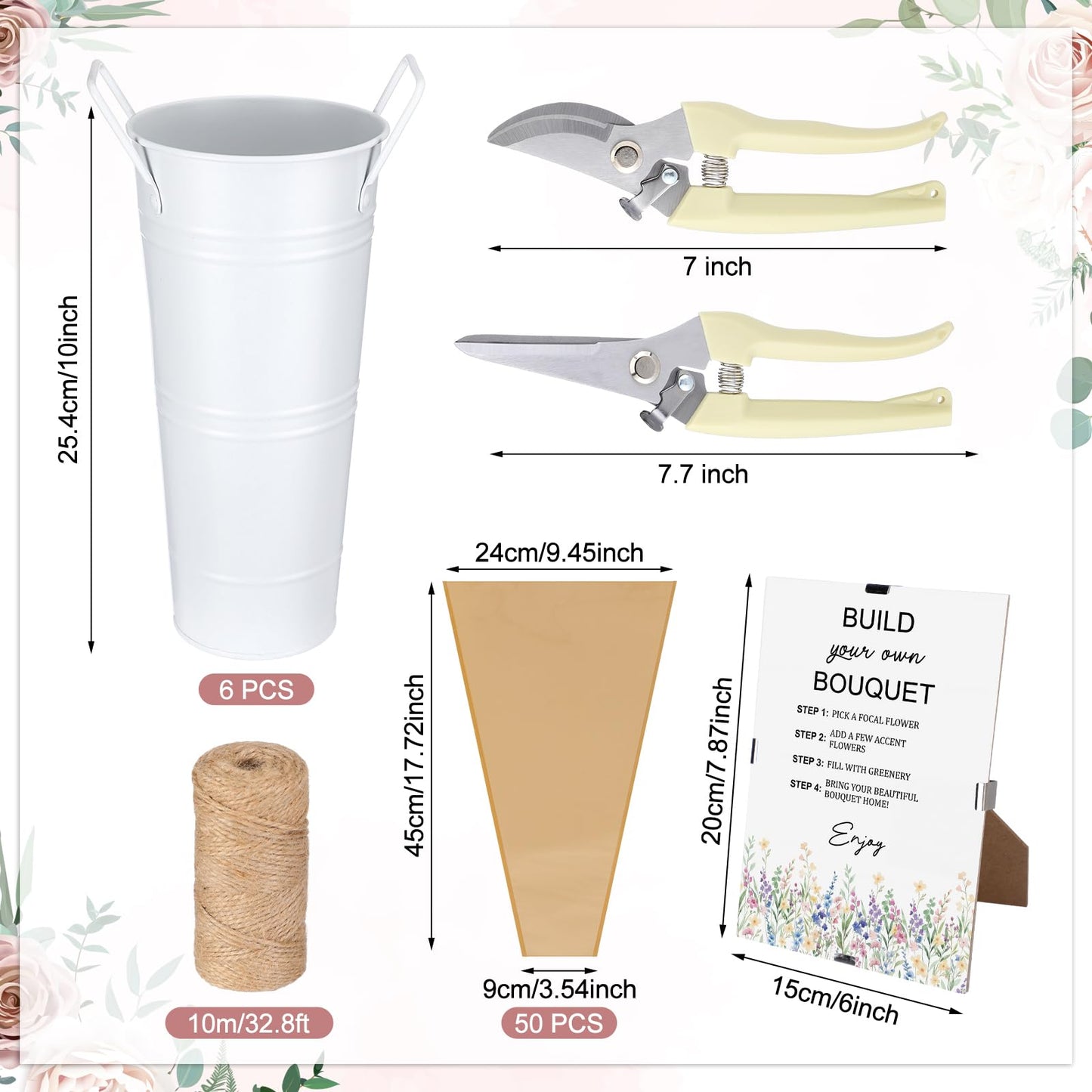 Thenshop 60 Pieces Wedding Flower Bar Set Includes 6 Metal Vases, 50 Bouquet Wrapping Bags, 2 Scissors, Flower Bar Sign and Hemp Rope for Wedding Reception Table, DIY Bouquets, Party Gifts(White)