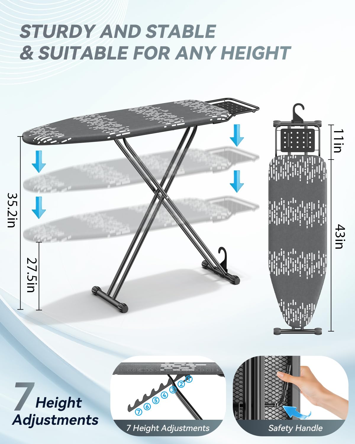 Ironing Board Full Size 54"x13" - Adjustable Height Foldable Iron Board with Iron Rest, Heat-Resistant Cover & Ultra Thick Padding - Heavy-Duty Sturdy Design, Space-Saving Ironing Table (Grey)