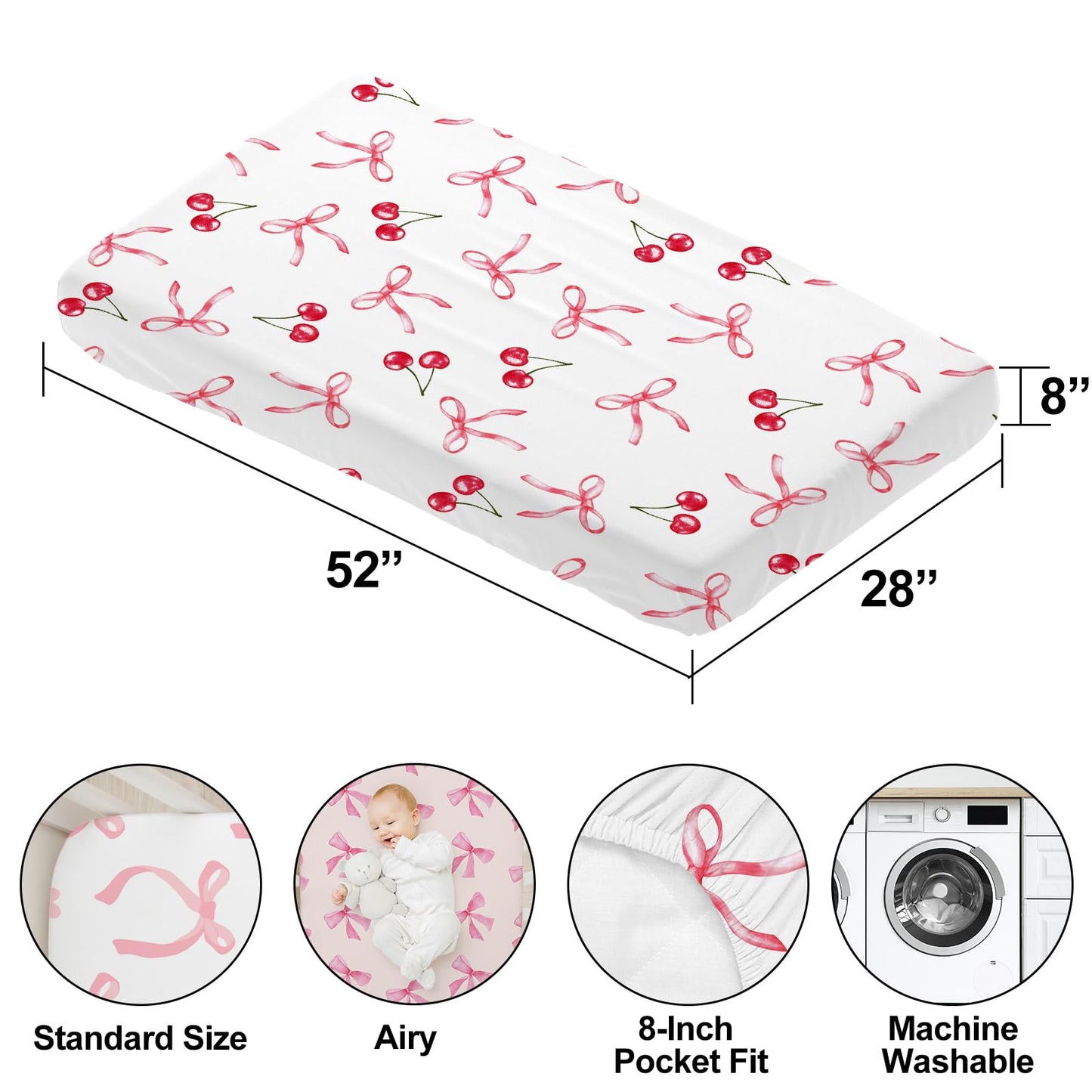 4 Pack Pink Bow Crib Sheet Set for Baby Girl, Soft Breathable Fitted Crib Sheet 28 x 52 in, Nursery Decor for Standard Crib and Toddler Bed Mattresses
