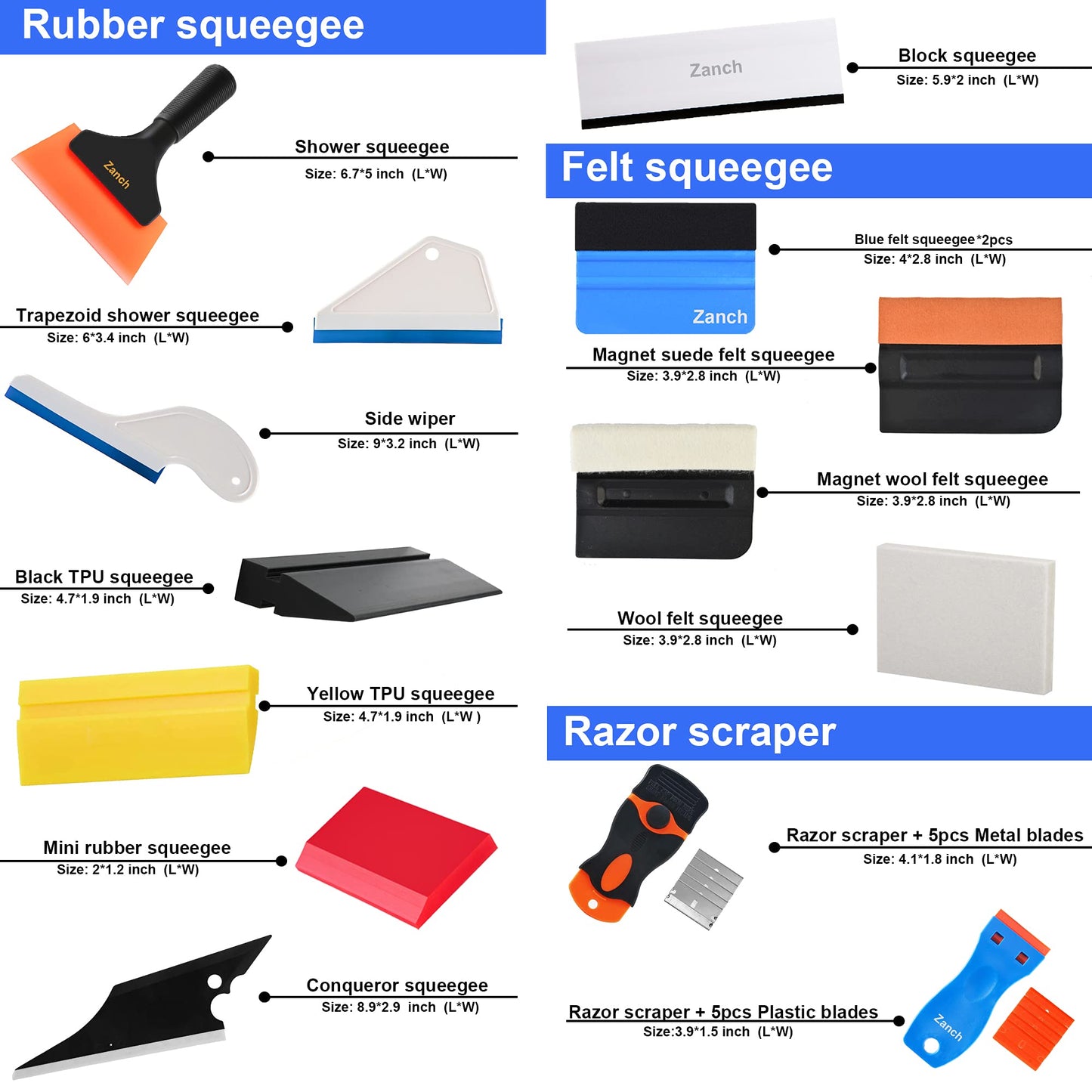 Zanch Window Tint Kit,Complete Tool Set for Professional Window Tint Protective Film Installation【Deluxe 64pcs with Tool Waist Bag】