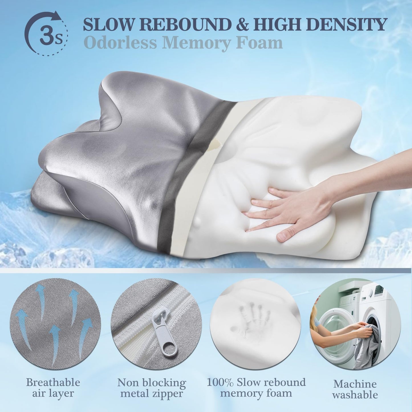 CCidea Cervical Neck Support Pillow for Sleeping & Pain Relief – Ergonomic Contour Memory Foam Pillows for Side/Back/Stomach Sleepers, 2 Heights with Removable Silk Satin Cover - Gifts for Men & Women