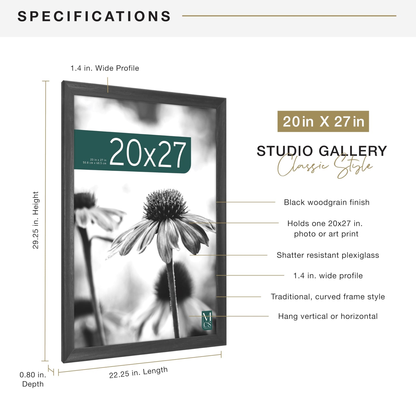 MCS Studio Gallery Classic 20x27 Poster Frame Black Woodgrain Engineered Wood, Vertical & Horizontal Wall Hanging Large Picture Frame for Photos, Posters & Art Prints (1-Pack)