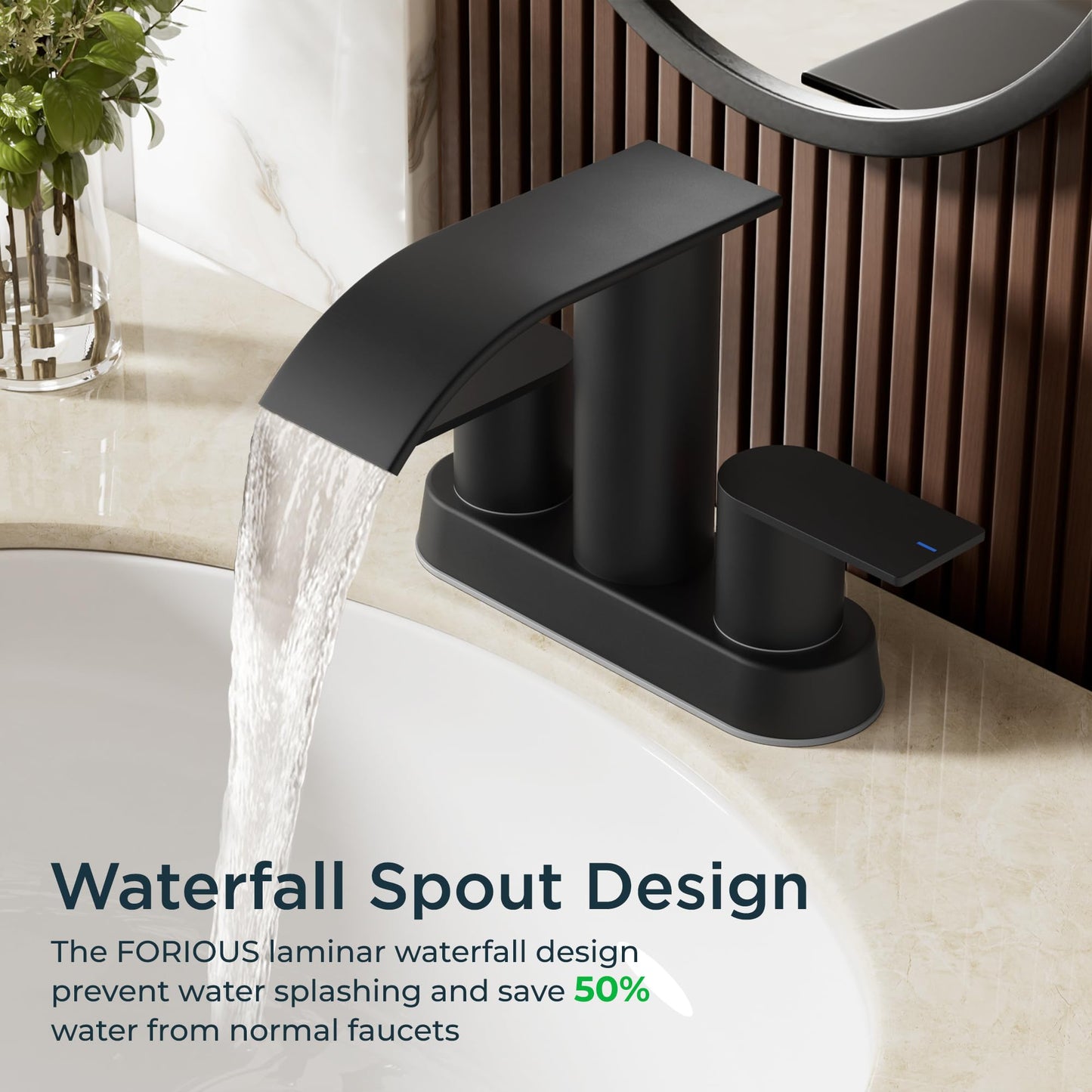 FORIOUS Matte Black Bathroom Sink Faucet, Waterfall 4 Inch Centerset Bathroom Faucets with Metal Pop up Drain and cUPC Hose for Basin,Vanity, Rv, Lavatory 2 or 3 Hole Sink