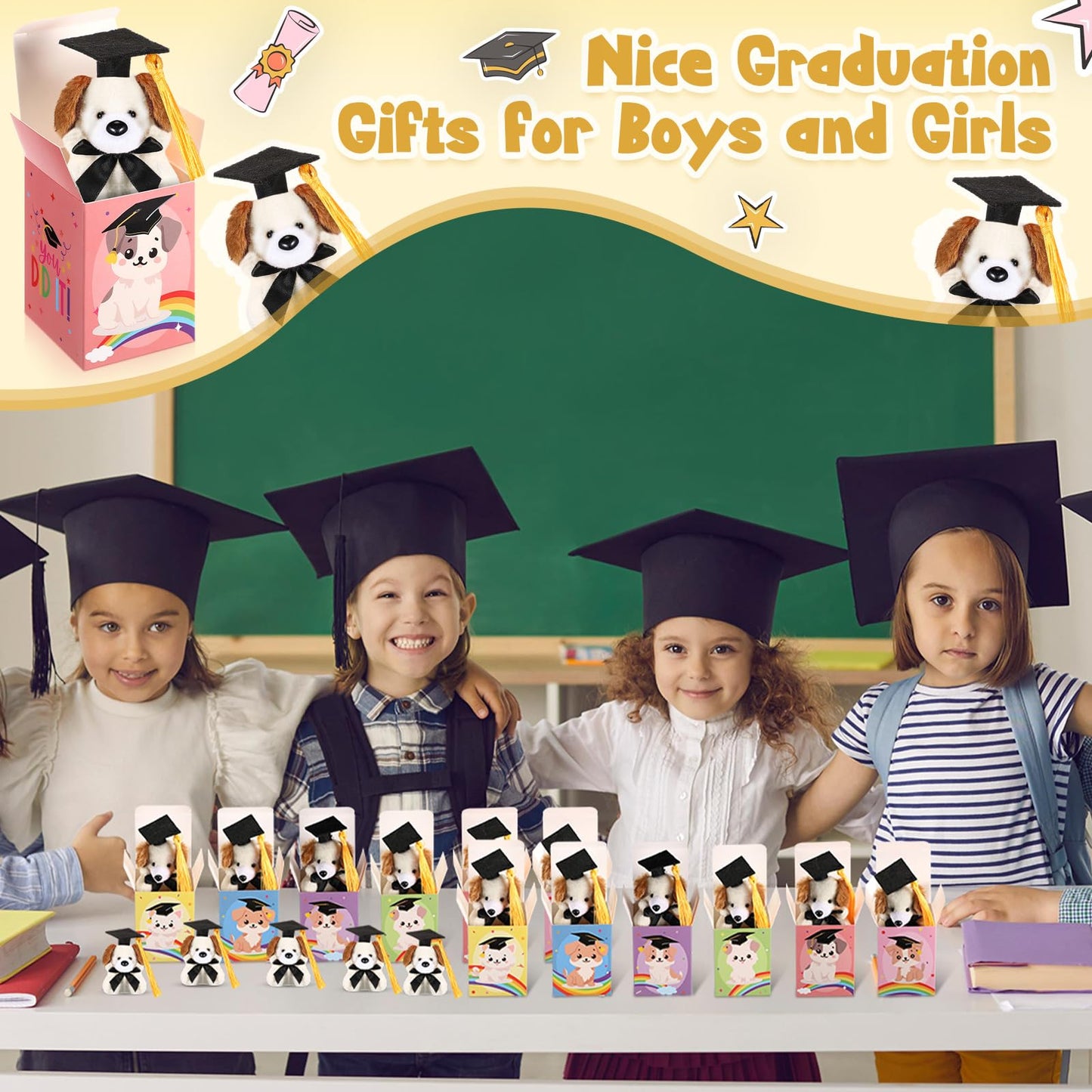 Trnayi 24 Set Mini Graduation Plush Dog with Graduation Gifts Box Graduation Stuffed Animal Keychain with Cap Gift Set for 2025 Graduation Party Graduation Decoration Classroom Exchange Gift
