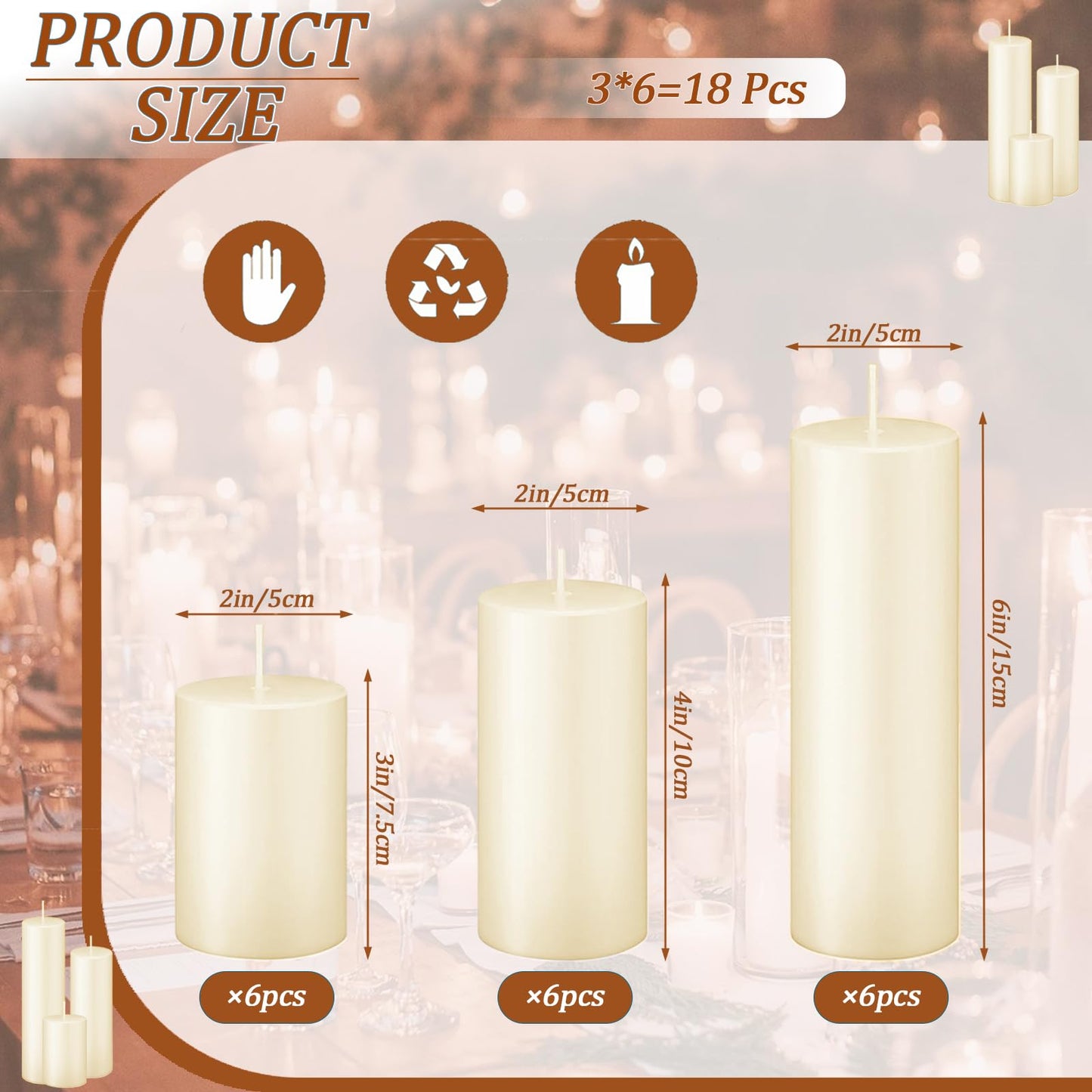 Trxvxo 18 Pcs Ivory Pillar Candles Bulk Set，Hurricane Candles，3 Different Lengths 2 x 3/4/6 Inch (6 Each)，Dripless Unscented Smokeless，Gives You a Better Atmosphere When Organizing an Event Party.