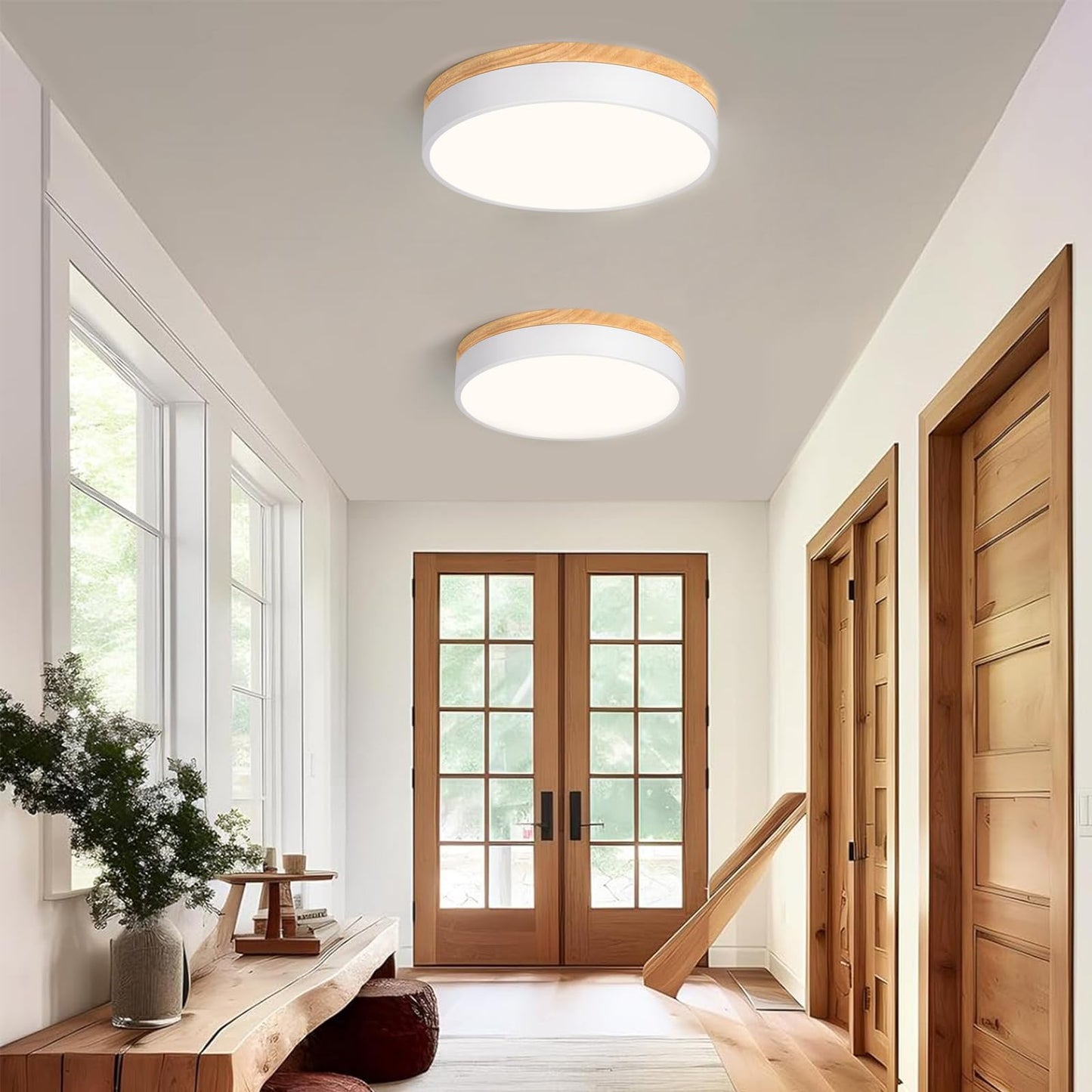 Dimmable Modern Wood Ceiling Light, White LED 5CCT 2700K-6000K Flush Mount Ceiling Lighting Fixture, Round Light Fixtures for Kitchen Entryway Hallway Bedroom Laundry Room-11.8in