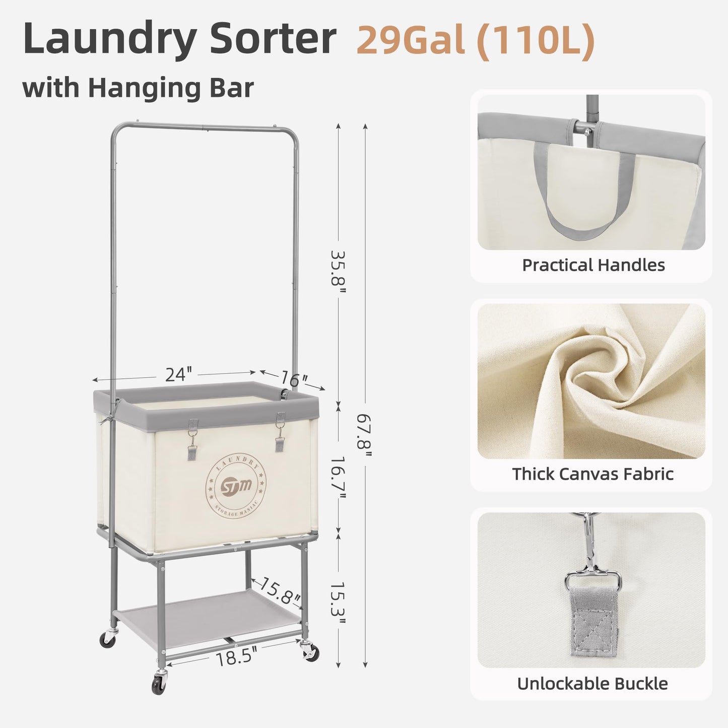 STORAGE MANIAC Rolling Laundry Cart with Hanging Bar & Storage Shelf, 110L Heavy Duty Large Laundry Basket with Clothes Hanging Rod, Study Clothes Hamper with Lockable Wheels, Beige