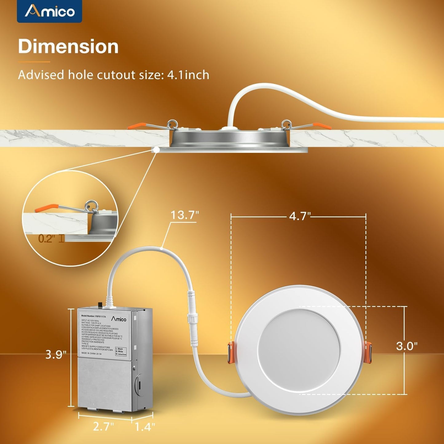 Amico 6 Pack 4 Inch 5CCT LED Recessed Ceiling Light with Night Light, 2700K/3000K/3500K/4000K/5000K Selectable Ultra-Thin Recessed Lighting, 10W=90W, 700LM, Dimmable Canless Wafer Downlight - ETL&FCC