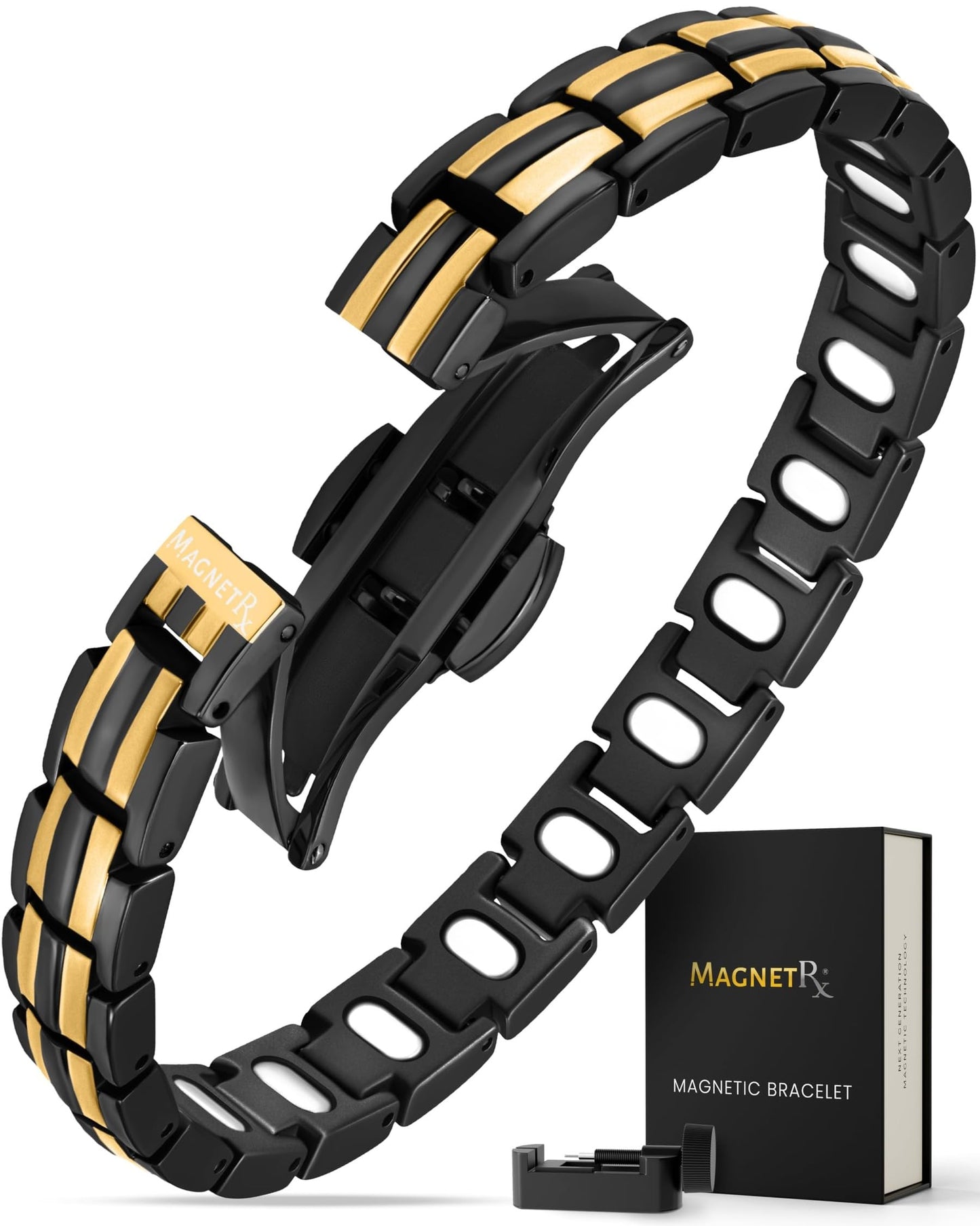 MagnetRX® Magnetic Bracelets for Women — EllipseMAX 5X Strength 5,000 Gauss Magnets — Designed in USA & PATENT PENDING — Premium Titanium Womens Magnetic Bracelet & Adjustable Length (Black/Gold)