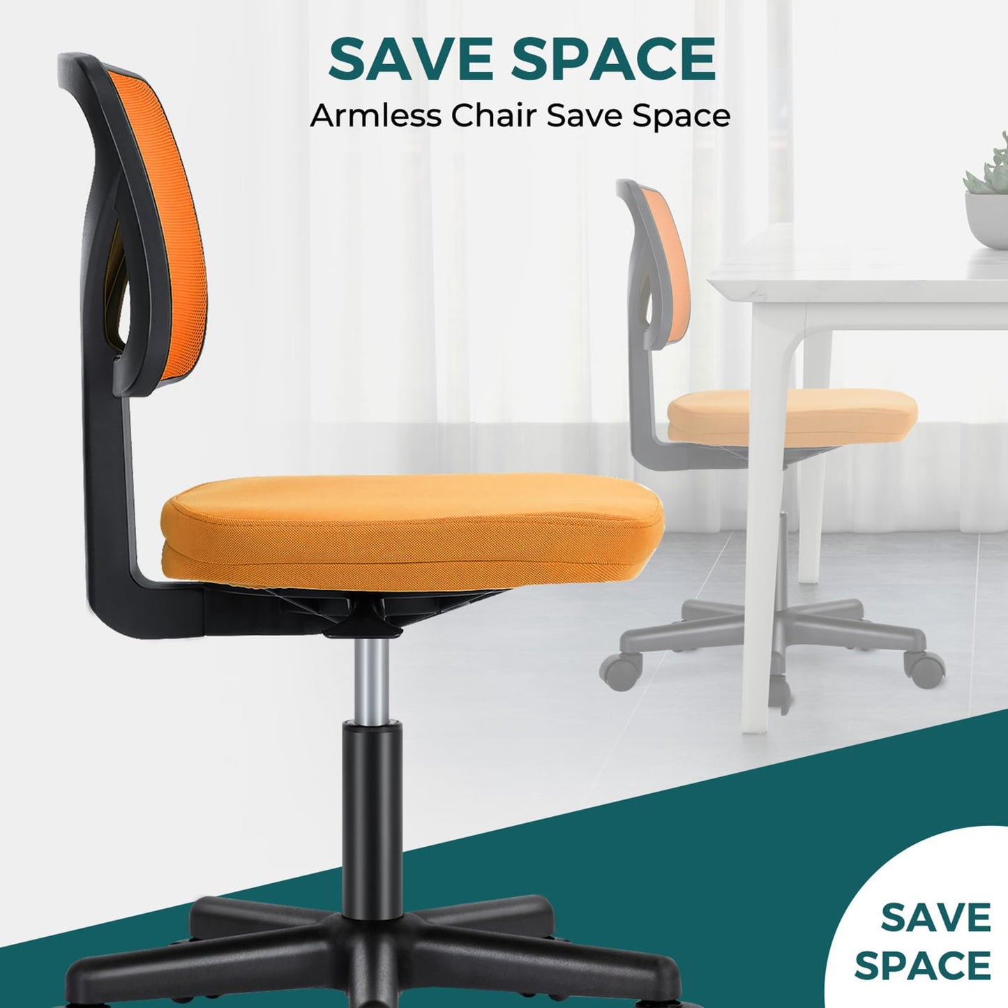 DUMOS Armless Office Chairs with Wheels, Ergonomic Adjustable Home Desk Swivel Rolling Task Chair No Arms, Comfy Mesh Mid Back Computer Work Vanity Desk Chairs for Small Spaces, Orange