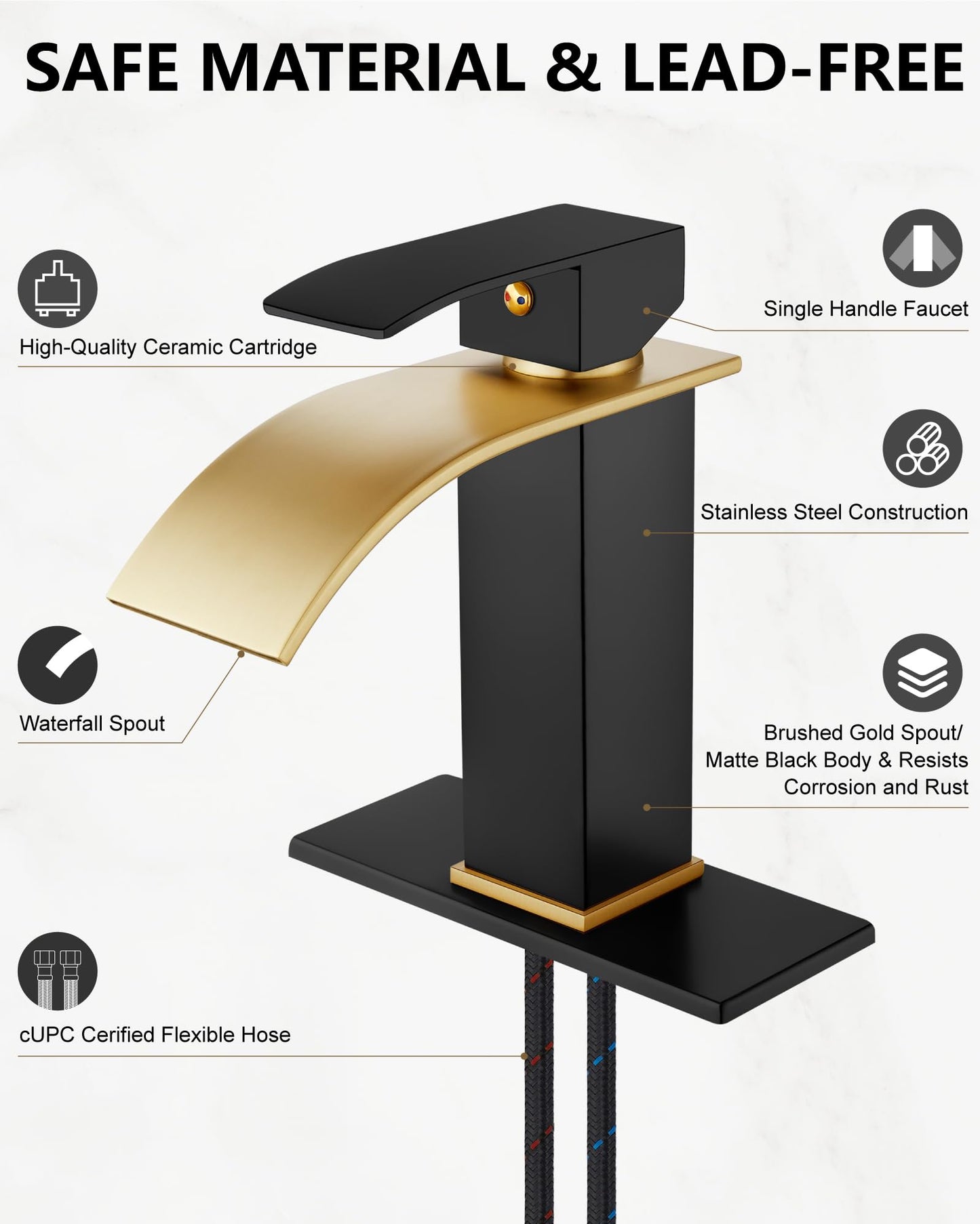 Midanya Bathroom Sink Faucet Single Handle Suitable for 1 or 3 Holes with Deck Plate and Pop-Up Drain,Waterfall Bathroom Faucets for Vanity,Basin,Rv,Lavatory Sink,Brushed Gold Spout/Matte Black