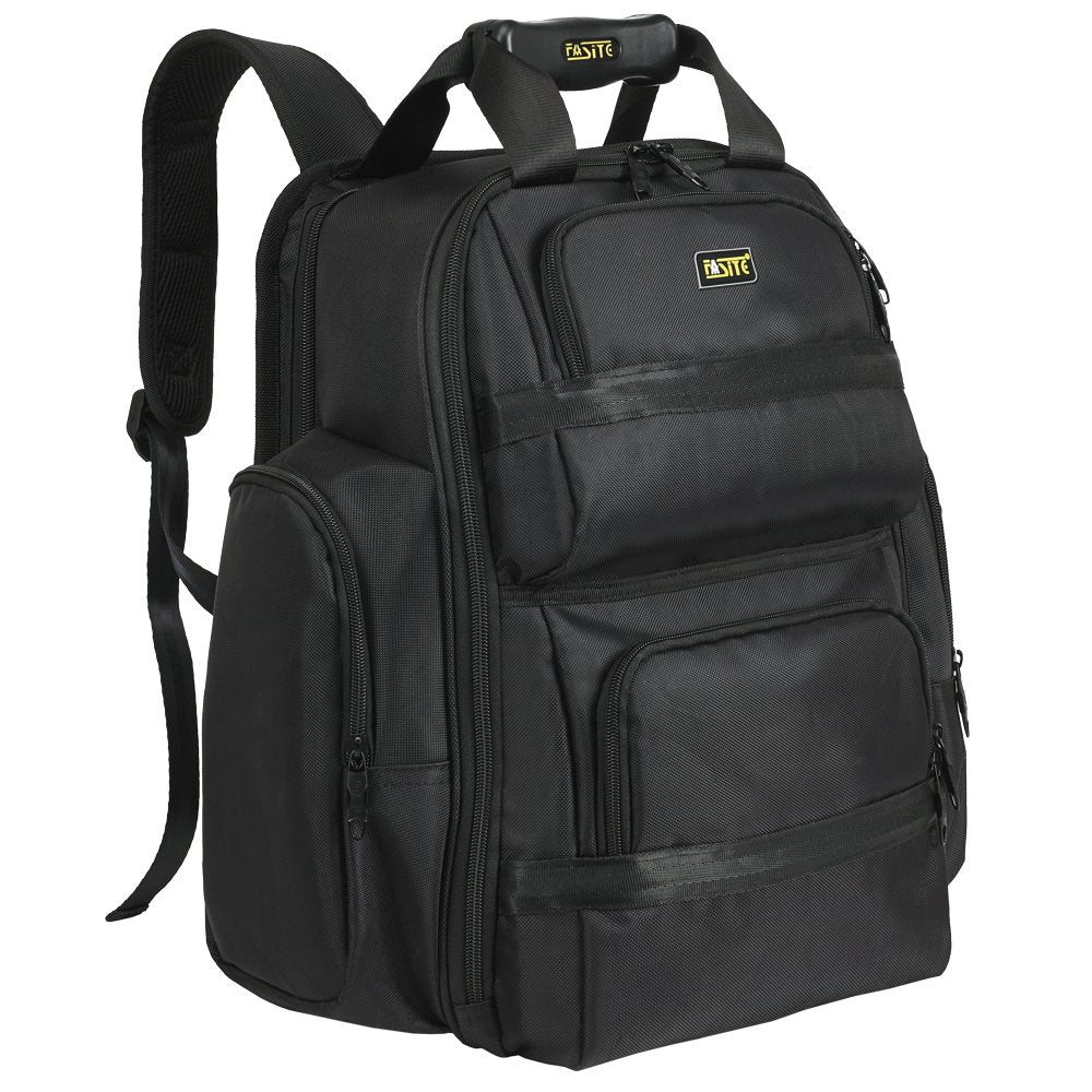 FASITE Tool Backpack bag, Heavy Duty Tool Organizer for Electrician/Contractor/Plumber/HVAC, Large Front Flap & Laptop Compartment (Fits 15" Laptop), Professional Storage for Men & Women, Black