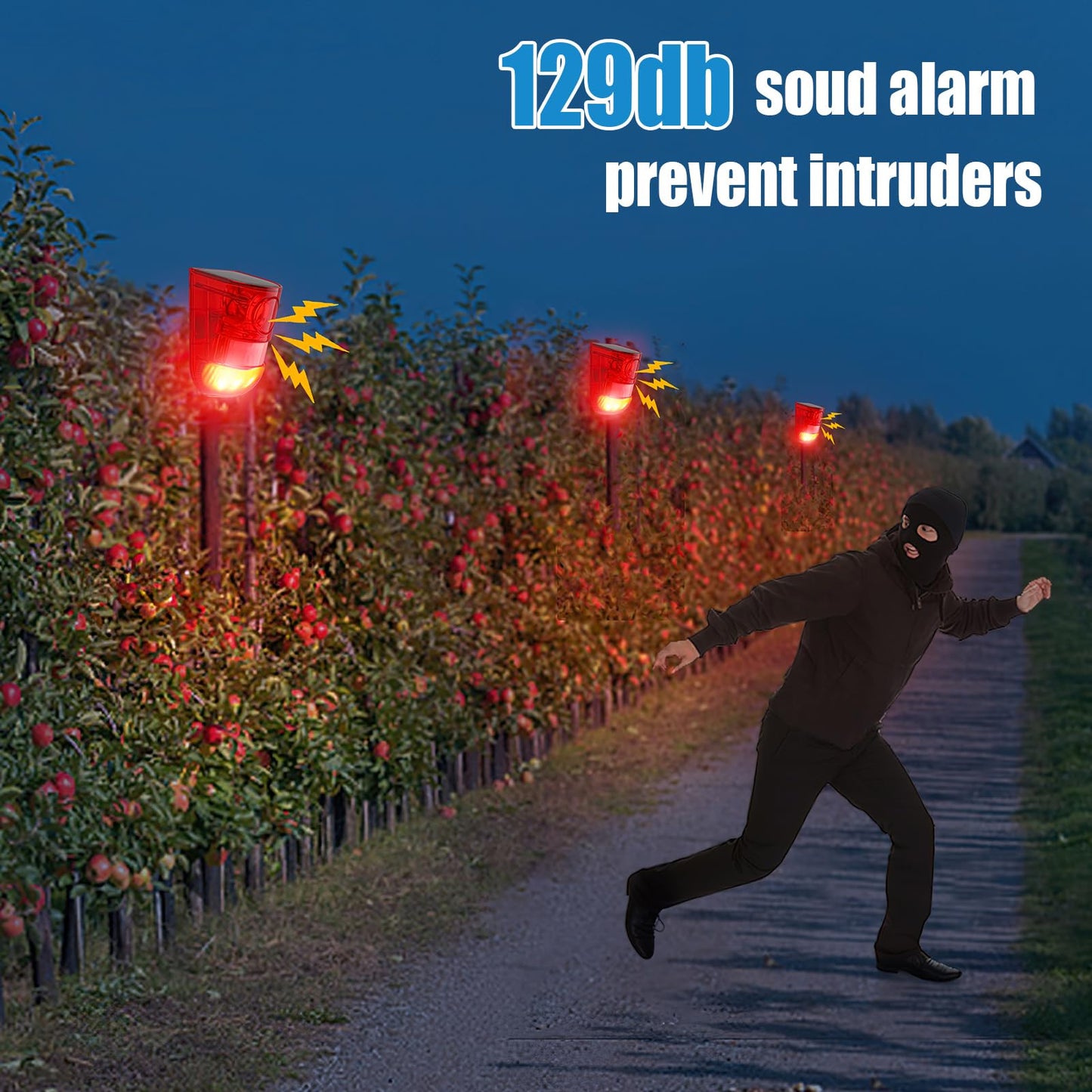 Qualirey Solar Sound and Light Alarm Motion Sensor 129db Outdoor Dog Baking Security Siren Waterproof Motion Activated Detector Alarm 6 LEDs Flash Warning Strobe System for Home, Farm(6 Pack)