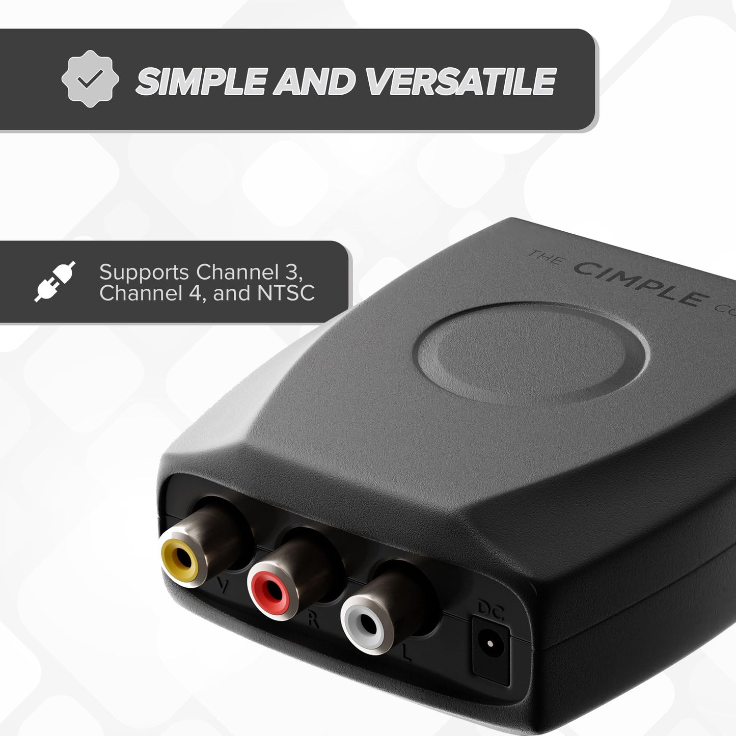 THE CIMPLE CO - RF Modulator, RCA Composite to RF Coaxial Adapter, Converts Standard Definition Signals to Coax, Watch DVD, VHS, Game Consoles on TV, Includes A/V Cable